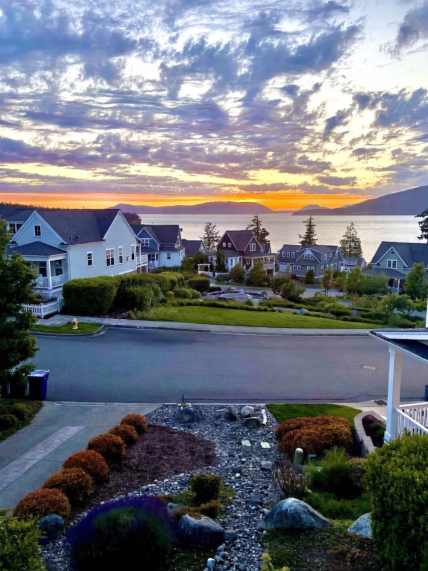 This elevated perspective captures a picturesque neighborhood street at sunset, overlooking a serene body of water framed by distant mountains. The foreground features a landscaped garden with decorative rocks and shrubs, leading down to a quiet residential road lined with charming, multi-story homes. The dramatic, colorful sky creates a tranquil and inviting atmosphere, highlighting the scenic coastal setting of the property.