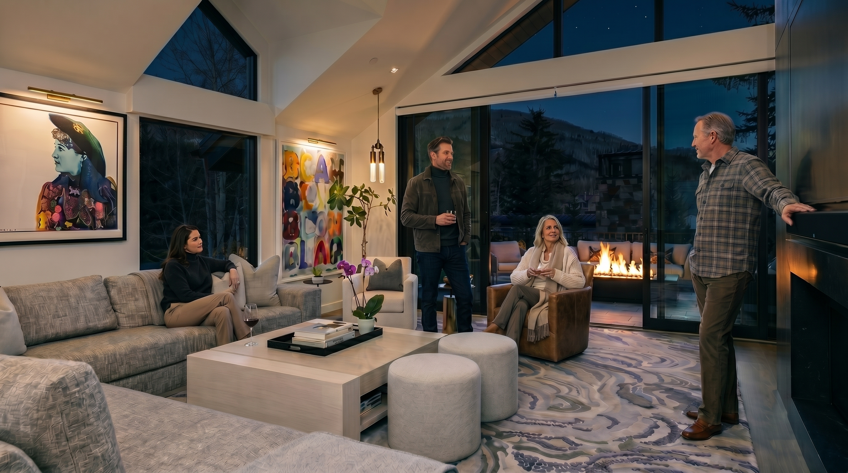 This spacious, contemporary living room features a vaulted ceiling and expansive glass walls that provide a seamless transition to an outdoor patio. The room is anchored by a large, neutral-toned sectional sofa, a central coffee table, and two round ottomans, all set upon a patterned area rug. A dark, modern fireplace surround adds a dramatic focal point, while framed artwork and large windows create a bright, sophisticated atmosphere.