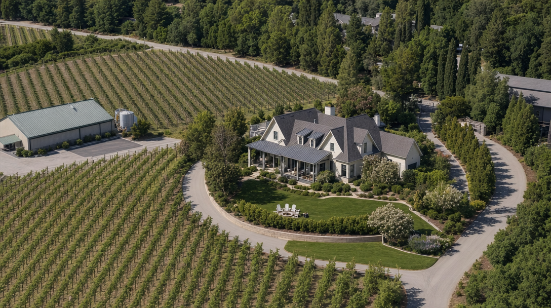 This stunning aerial view showcases a luxurious countryside estate set amidst meticulously maintained vineyards. The property features a classic architectural design with a covered porch, a lush landscaped lawn with a fire pit, and expansive gravel driveways. Surrounded by mature trees and verdant rows of vines, the home exudes elegance and tranquility in a serene, private setting.