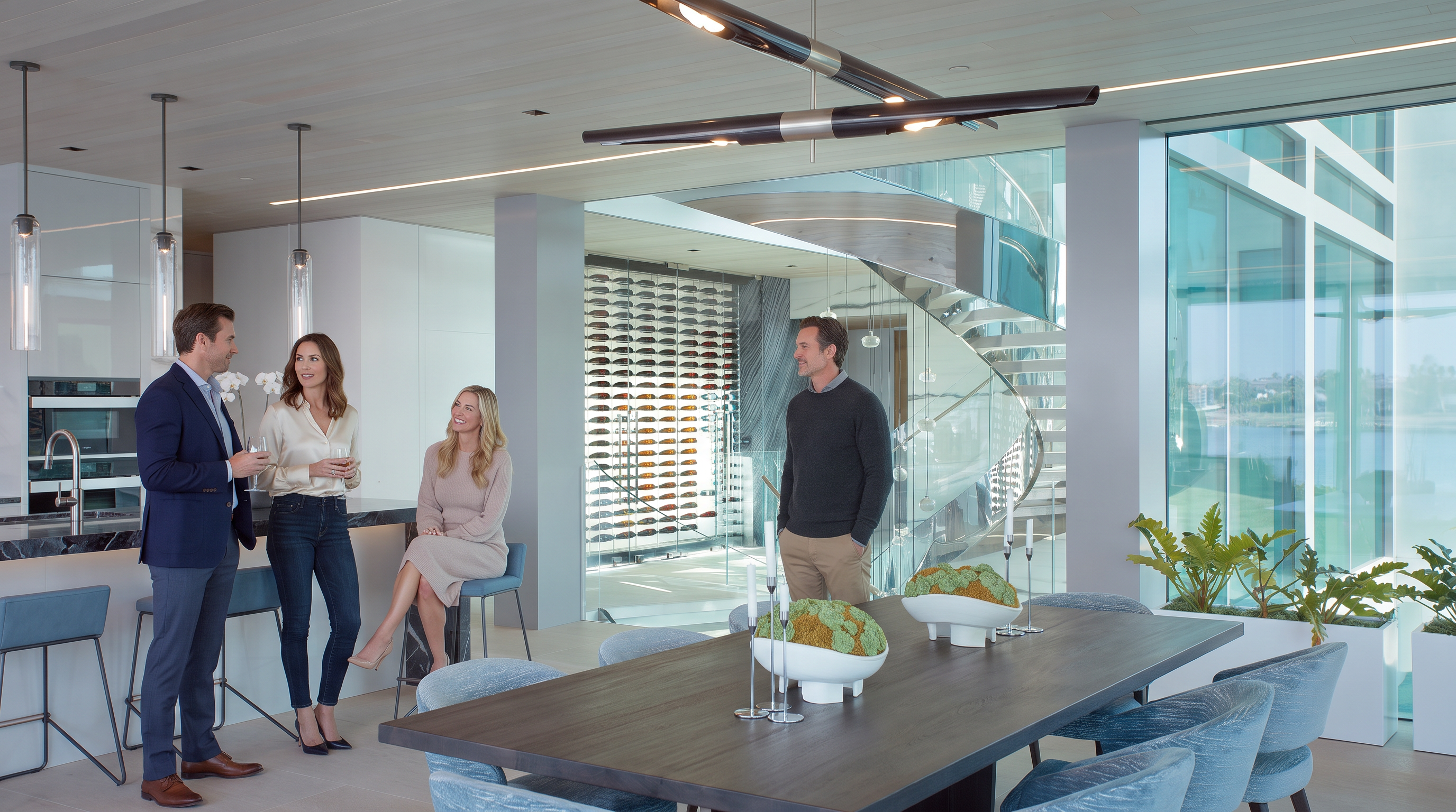 This sophisticated, open-plan kitchen and dining area features sleek, modern cabinetry, a dark wood dining table, and premium finishes. The space is highlighted by a stunning glass-enclosed wine cellar and a floating spiral staircase, creating an atmosphere of luxury and refinement. Large floor-to-ceiling windows provide abundant natural light and seamless connectivity to the outdoors, making it an ideal setting for entertaining.