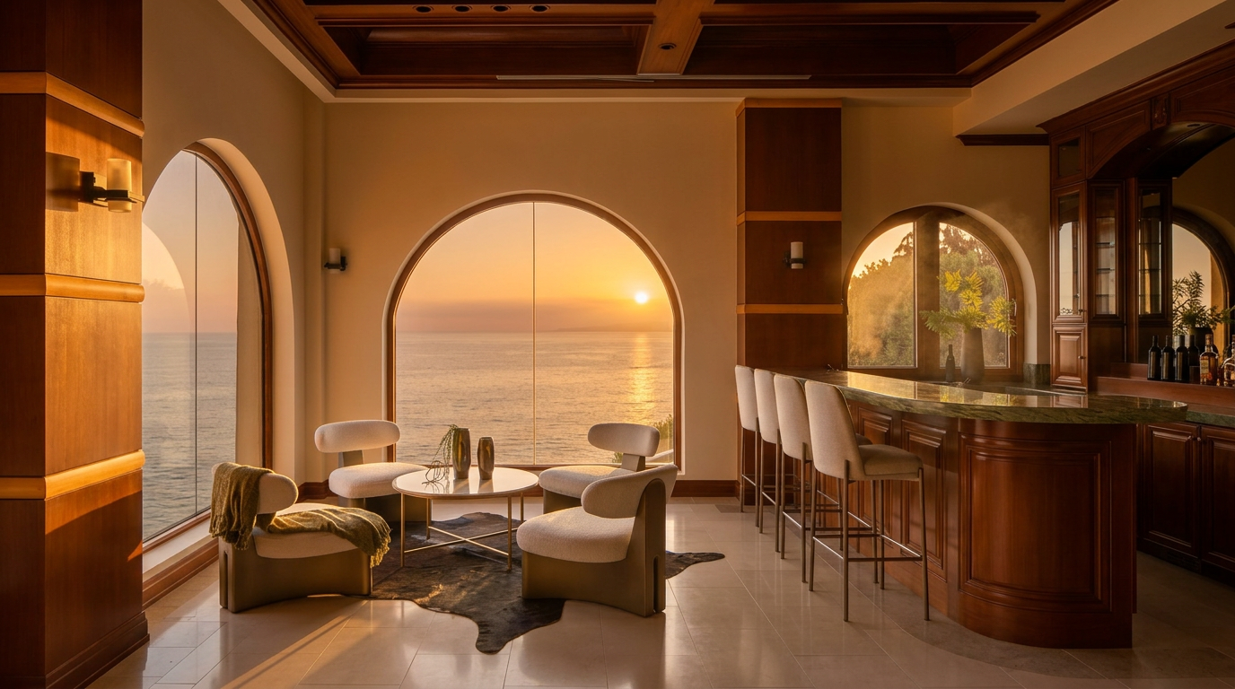 This elegant lounge area features a sophisticated bar with a green stone countertop and four upholstered stools, set against rich wood-paneled walls and a coffered ceiling. A cozy seating arrangement with four modern chairs and a circular table sits before a large arched window that frames a panoramic ocean view. The space combines warm wood tones with light, neutral furnishings to create a luxurious and serene atmosphere.