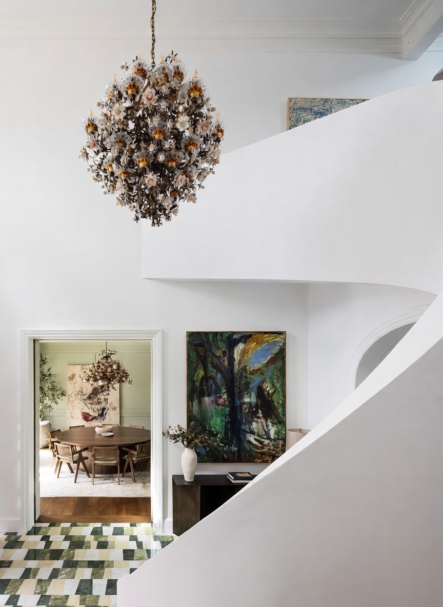 This elegant entryway features a dramatic, multi-tiered floral chandelier suspended from a high ceiling above a curved staircase. A view through the doorway reveals a formal dining room with a round table and a secondary chandelier, while a large, vibrant abstract painting hangs on the wall above a dark console table. The space is defined by its clean white walls and a striking geometric patterned tile floor, creating a sophisticated and artistic atmosphere.