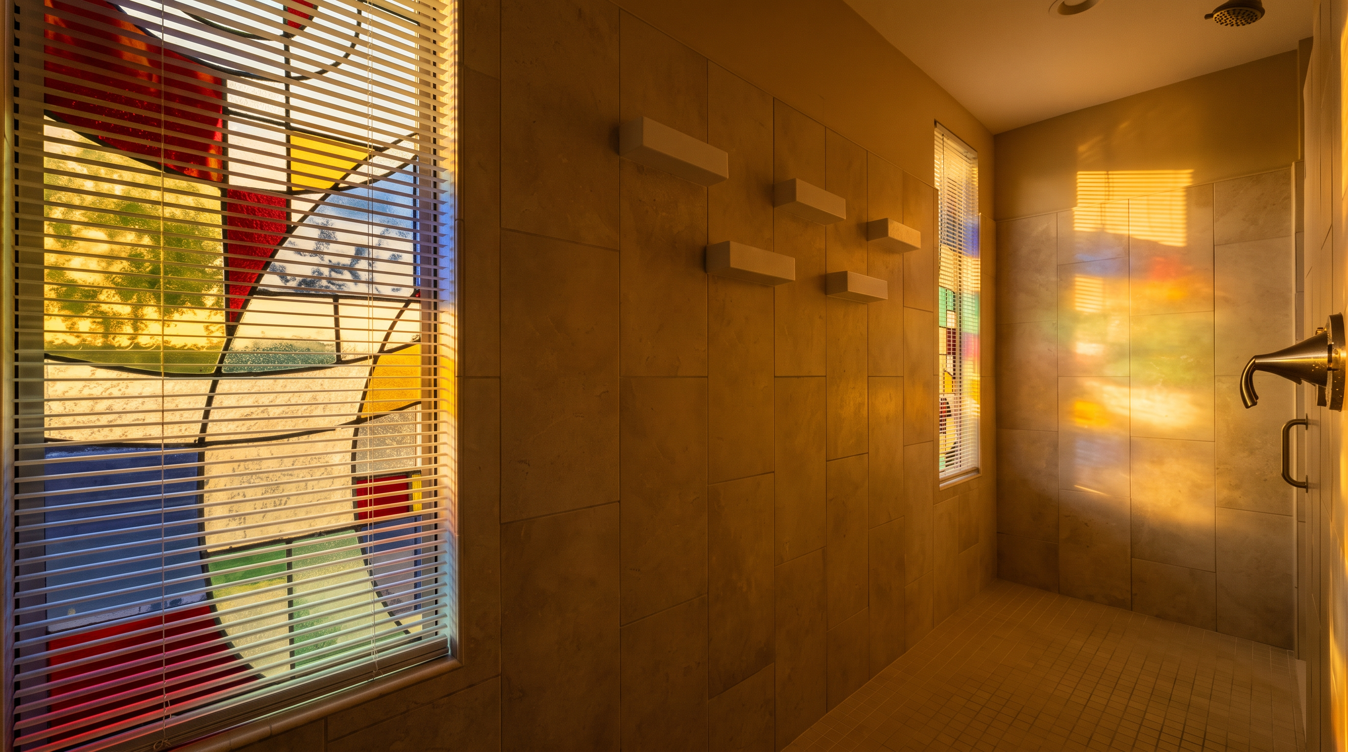 This spacious, walk-in shower features large-format neutral beige wall tiles and a small-tiled floor. It is distinctively accented by a large stained-glass window with blinds and includes built-in white floating shelving for storage. The space is completed with modern chrome fixtures, including a rainfall shower head, creating a unique and functional design.