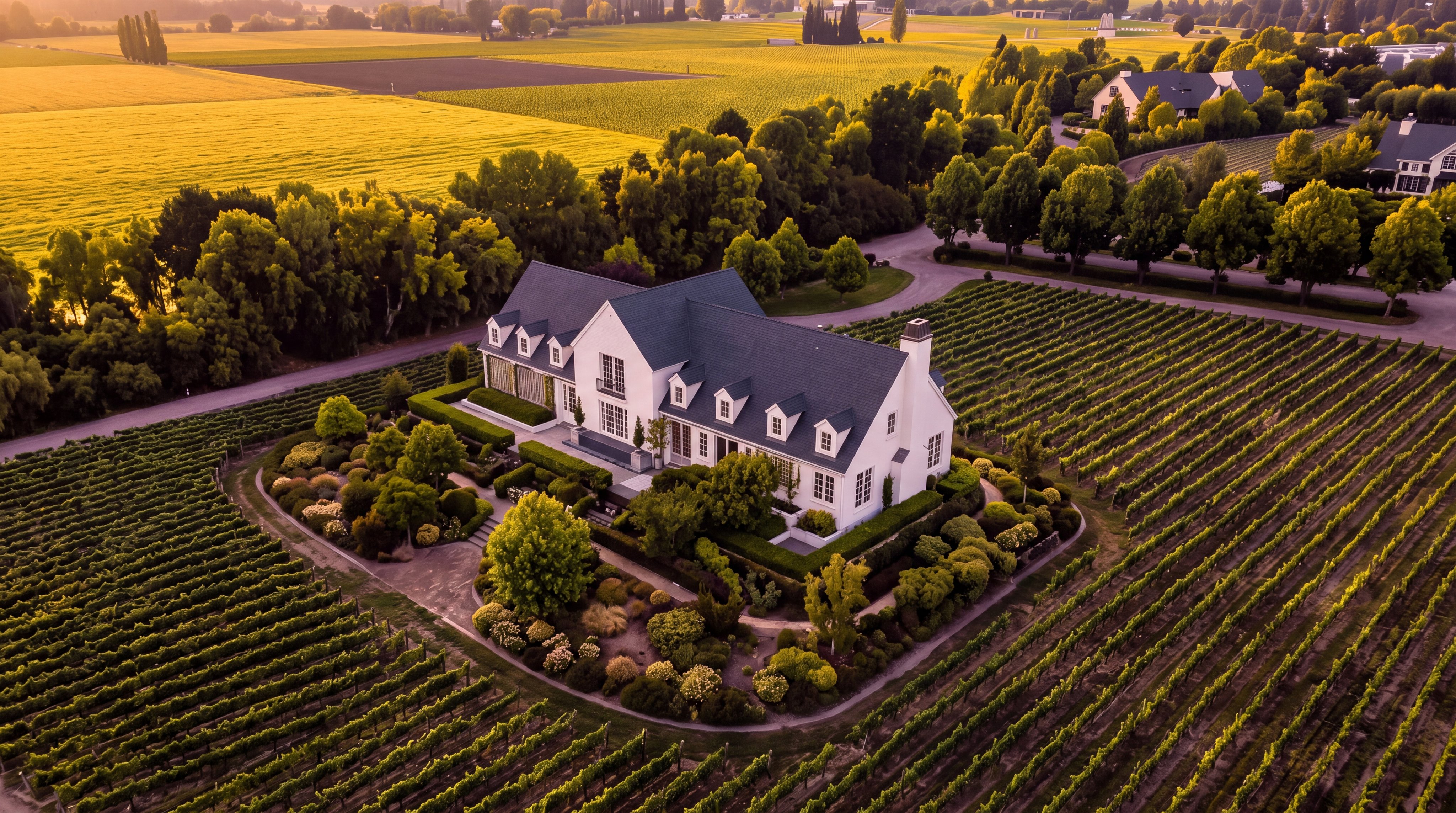 This breathtaking aerial view showcases an elegant white estate nestled within expansive, meticulously maintained vineyards during a warm golden hour. The property features a classic architectural design with a dark gabled roof, surrounded by lush, structured gardens and mature trees. It offers a serene and picturesque landscape that epitomizes luxury countryside living.