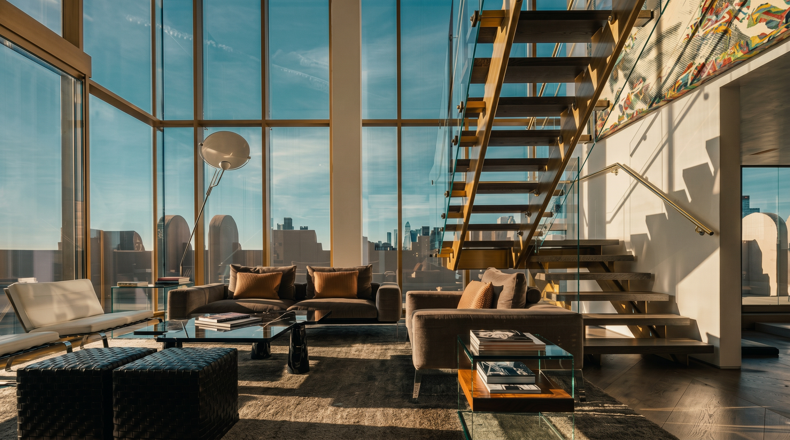 This expansive, sun-drenched living room features dramatic floor-to-ceiling windows that offer a panoramic view of the city skyline. The space is anchored by a modern staircase with glass railings and wood treads, creating an open and airy architectural focal point. Furnished with plush, neutral-toned seating and a low-profile coffee table, the room exudes a sophisticated, high-end urban aesthetic.