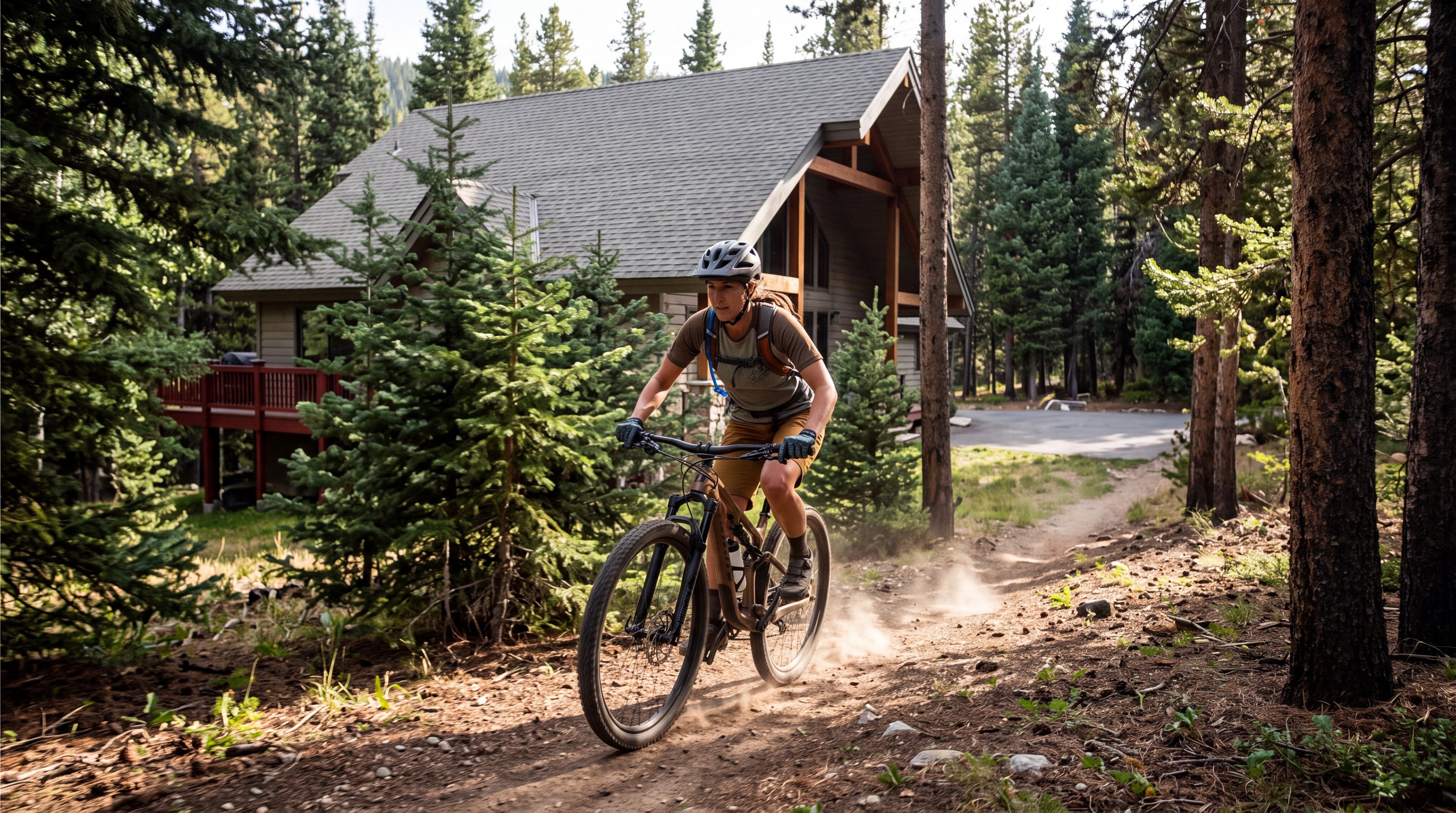 This image shows a mountain-style home nestled in a wooded forest setting, featuring a wrap-around wooden deck and a shingled roof. A mountain biker rides along a dirt path in the foreground, highlighting the property's prime location for outdoor recreational activities. The natural landscape and rustic architectural design suggest an ideal vacation or primary residence for nature enthusiasts.