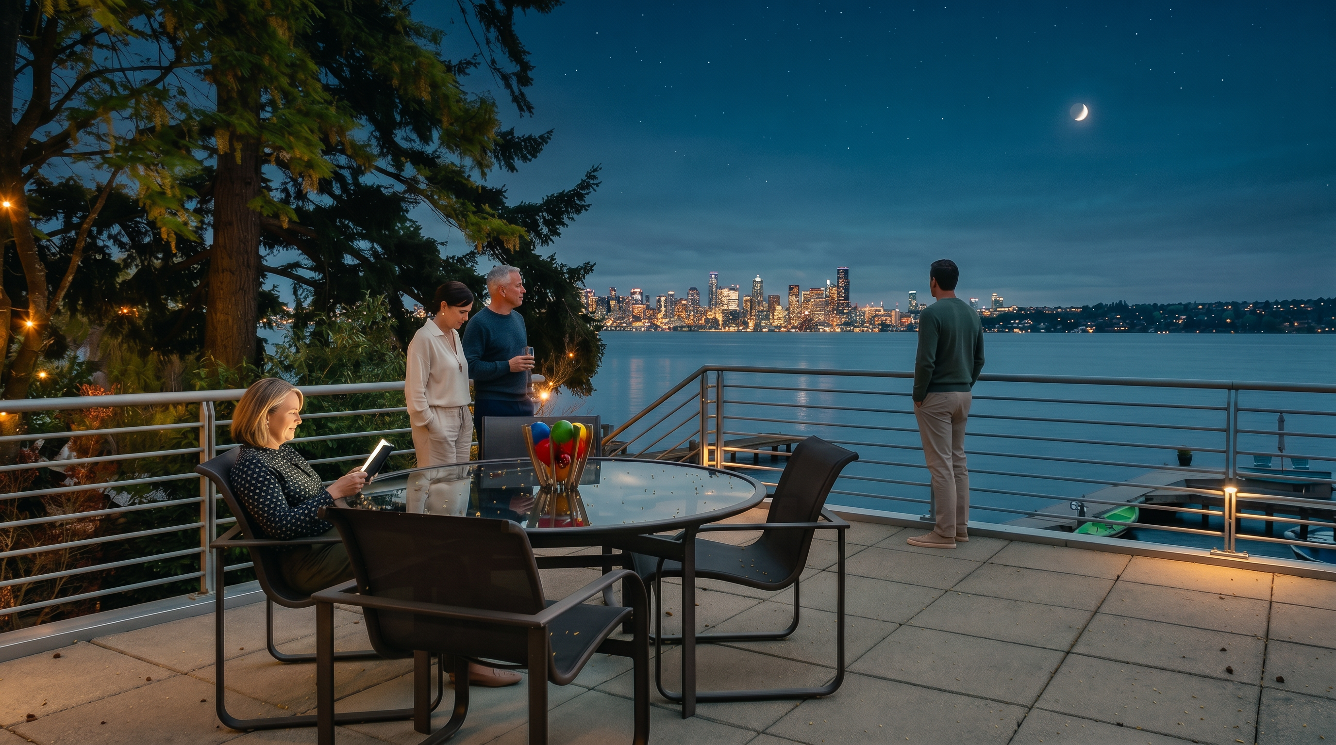 This elevated deck offers a serene outdoor living space with a glass-topped dining set and modern metal chairs, perfect for enjoying the expansive waterfront views. The scene features a sleek metal railing that overlooks a calm lake, a private dock, and a distant city skyline under a bright, partly cloudy sky. A large, mature evergreen tree frames the left side of the composition, adding a natural element to the contemporary terrace setting.