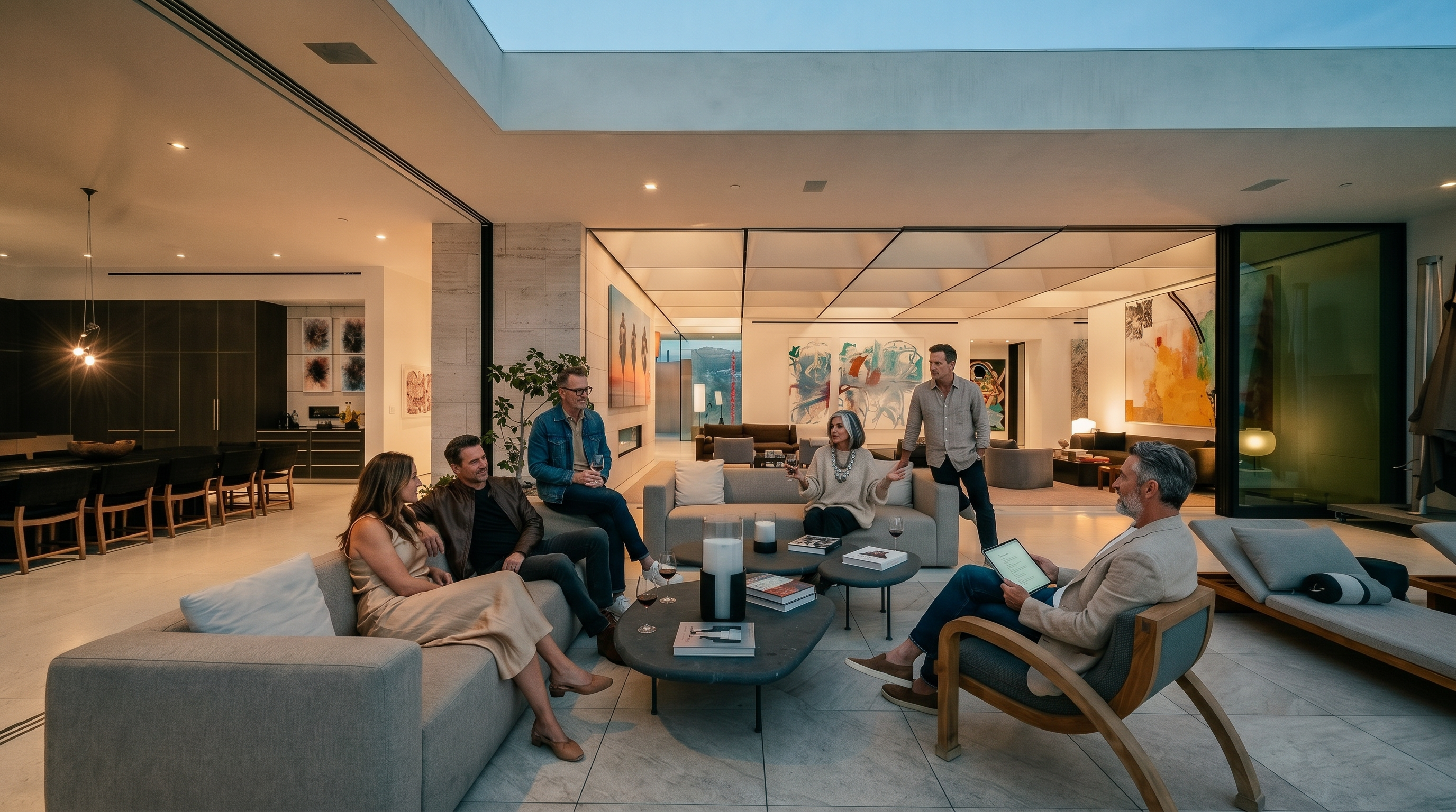 This expansive, open-concept living space seamlessly blends indoor and outdoor living through massive floor-to-ceiling glass walls that open to a patio. The room features a sophisticated, minimalist design with neutral-toned sofas, contemporary coffee tables, and striking abstract artwork on the walls. The high ceilings and recessed lighting create an airy, luxurious atmosphere perfect for high-end entertaining.