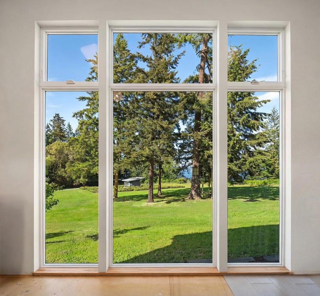 This interior view features a large, multi-pane window assembly that provides an expansive, unobstructed view of a lush green lawn and mature evergreen trees. The window frame is finished in a clean white, contrasting with the light wood flooring at the base. The perspective is centered and symmetrical, emphasizing the connection between the indoor living space and the natural landscape outside.