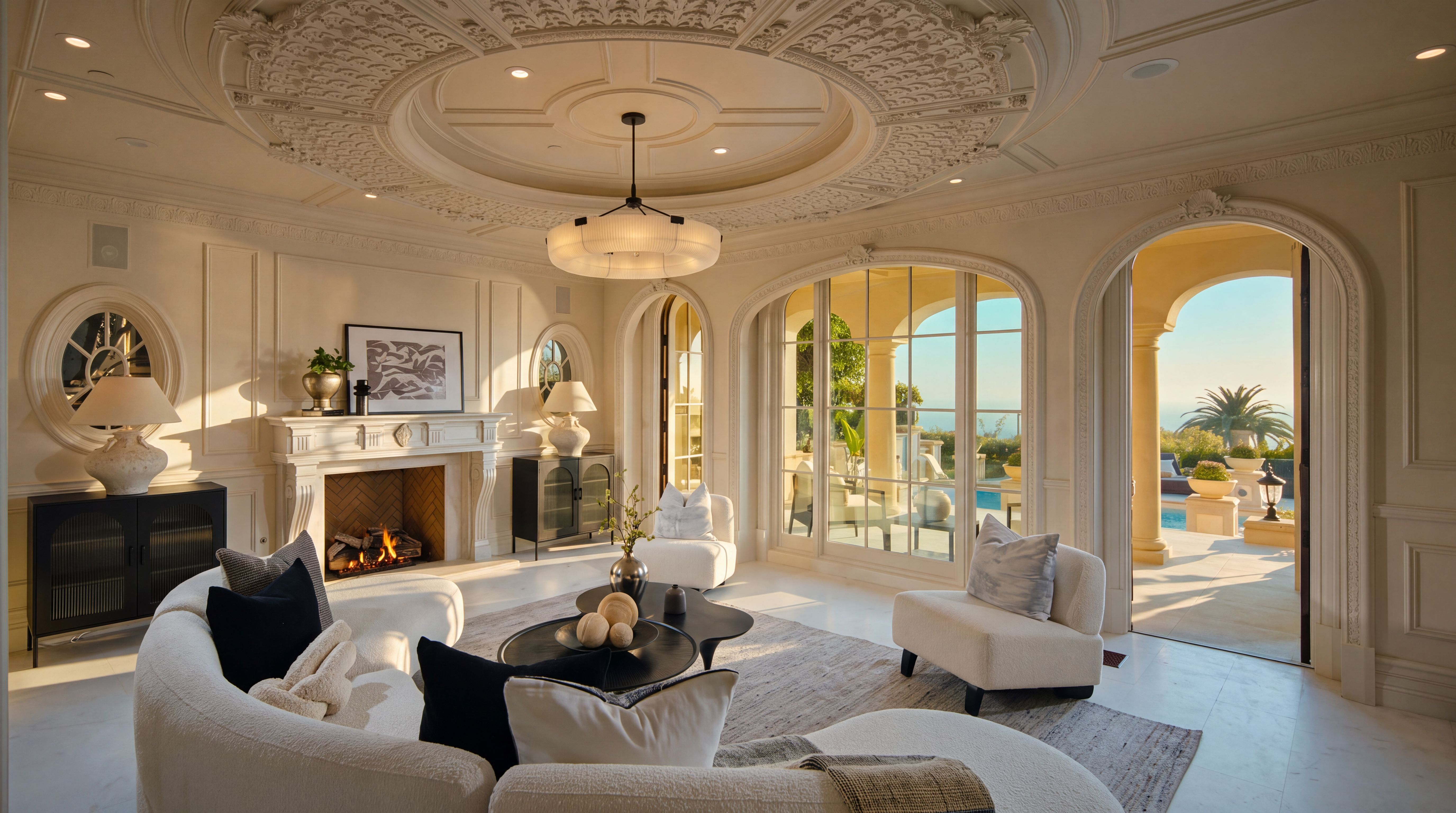This elegant living room features a sophisticated, neutral color palette with a large, curved white sofa as the centerpiece. The room is anchored by a detailed, ornate ceiling medallion and a classic fireplace with a mantel, while large arched glass doors provide a seamless transition to an outdoor patio and ocean view. The space is furnished with modern accent chairs and a layered rug, creating a luxurious and airy atmosphere.