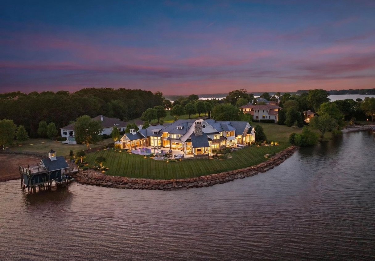 This stunning aerial view captures a sprawling luxury estate situated on a point of land extending into a calm lake at sunset. The residence features a complex roofline, stone and light-colored siding, and an expansive outdoor living area complete with a swimming pool and a private boat dock. The meticulously landscaped lawn slopes gently toward the water, creating a serene and high-end waterfront atmosphere.