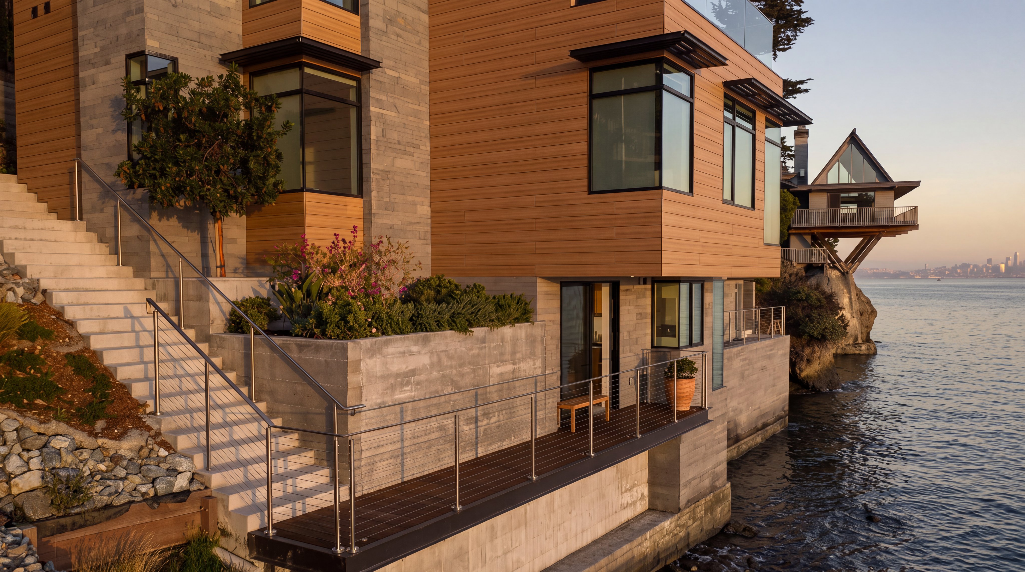 This modern waterfront residence features a striking combination of horizontal wood siding and textured stone cladding, set against a rugged rocky shoreline. A concrete staircase leads down to a wooden deck that runs along the base of the house, providing direct access to the water. The architectural design emphasizes clean lines and large windows, creating a seamless connection between the contemporary structure and the natural coastal environment.