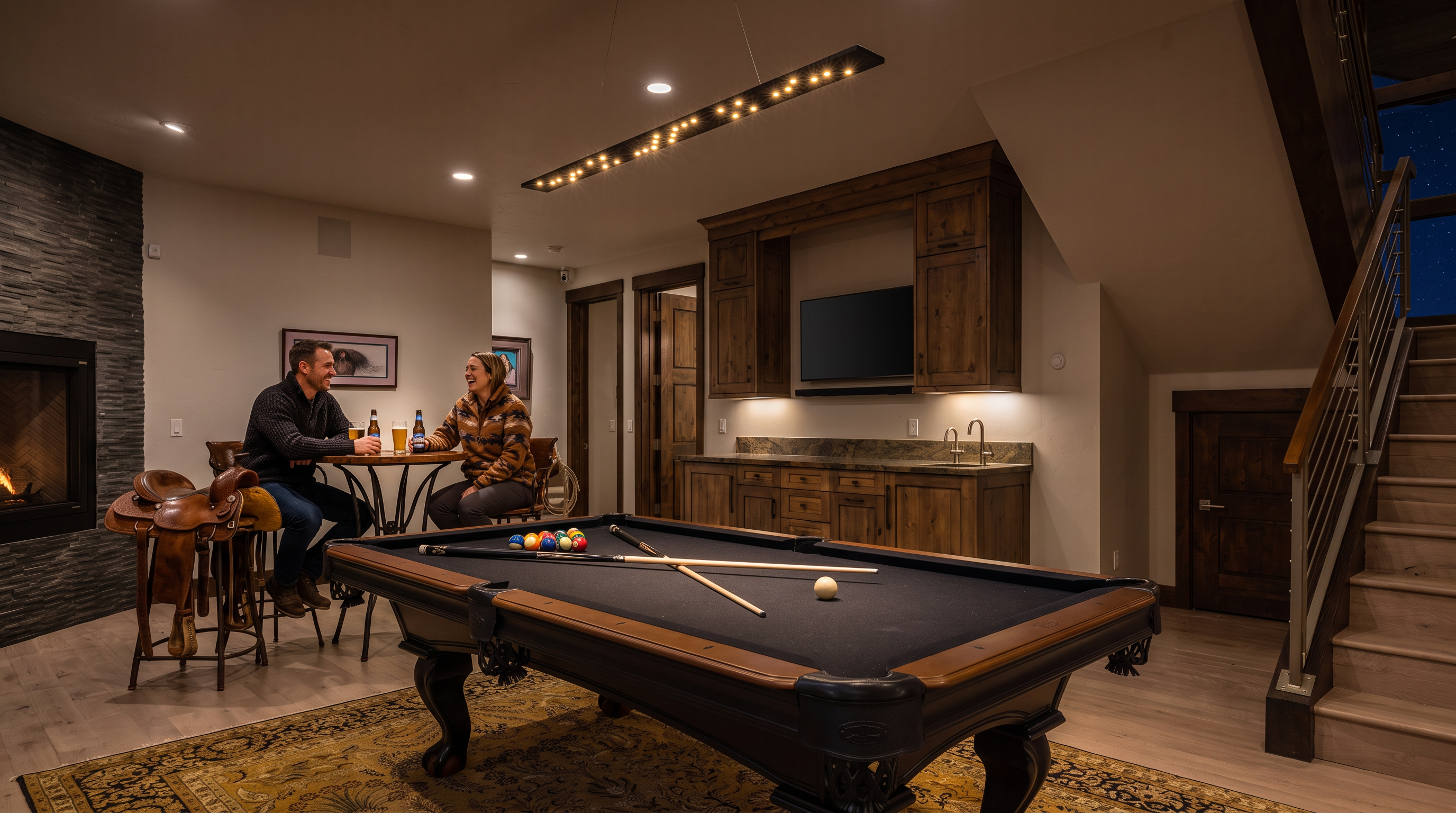 This spacious recreation room features a prominent pool table as the central focal point, set atop a large, intricately patterned area rug. To the side, a custom wood-paneled wet bar with a built-in television and sink provides a functional entertainment area, while a stone-clad chimney breast adds texture to the room. A staircase with a metal railing leads to an upper level, and the space is illuminated by a modern, linear pendant light fixture.