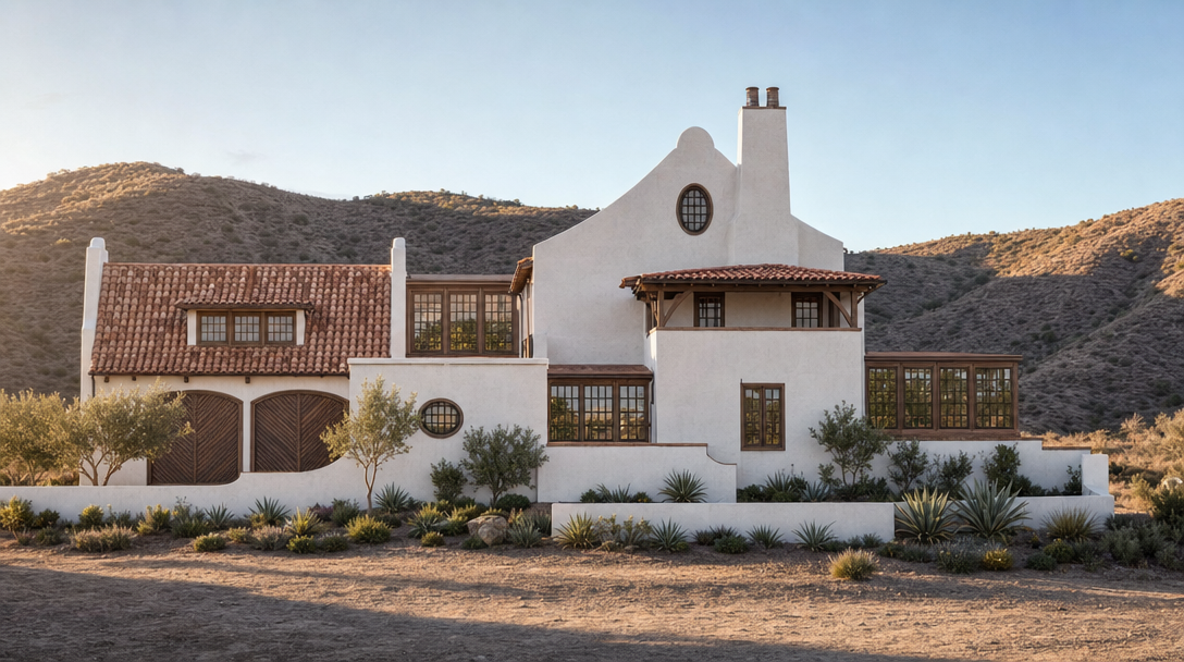 This striking Spanish Colonial-style residence features crisp white stucco walls, traditional terracotta roof tiles, and dark-framed windows that offer a beautiful contrast. The home is nestled against a rugged, arid hillside landscape, emphasizing a sophisticated blend of desert-inspired architecture and timeless design. A low perimeter wall and native xeriscaping complete the inviting, high-end curb appeal.