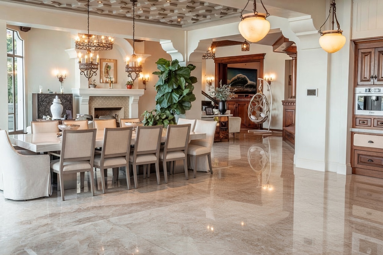This expansive open-concept space seamlessly blends a large kitchen island with a formal dining area, creating an ideal layout for entertaining. The kitchen features a substantial stone-topped island with bar seating, while the adjacent dining room is anchored by a traditional fireplace and elegant chandeliers. The perspective captures the flow between the culinary workspace and the living areas, highlighting the sophisticated architectural details and high-end finishes throughout the home.