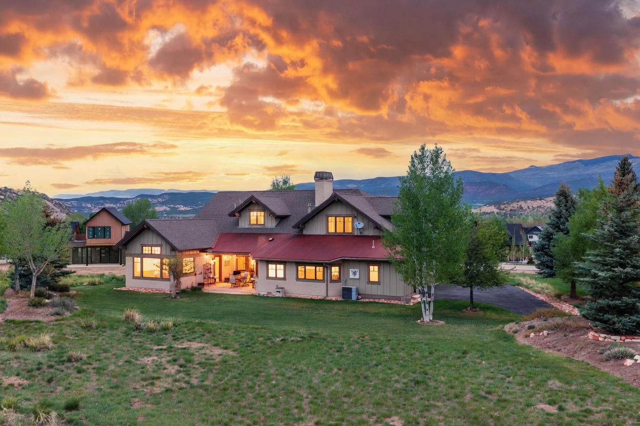 This elevated perspective captures the rear exterior of a multi-story mountain home set against a dramatic, fiery sunset. The residence features a combination of siding, a prominent red metal roof section, and multiple gables, with a covered patio area visible on the ground level. The surrounding landscape includes a manicured lawn, mature trees, and expansive mountain vistas in the distance, creating a serene and picturesque atmosphere.