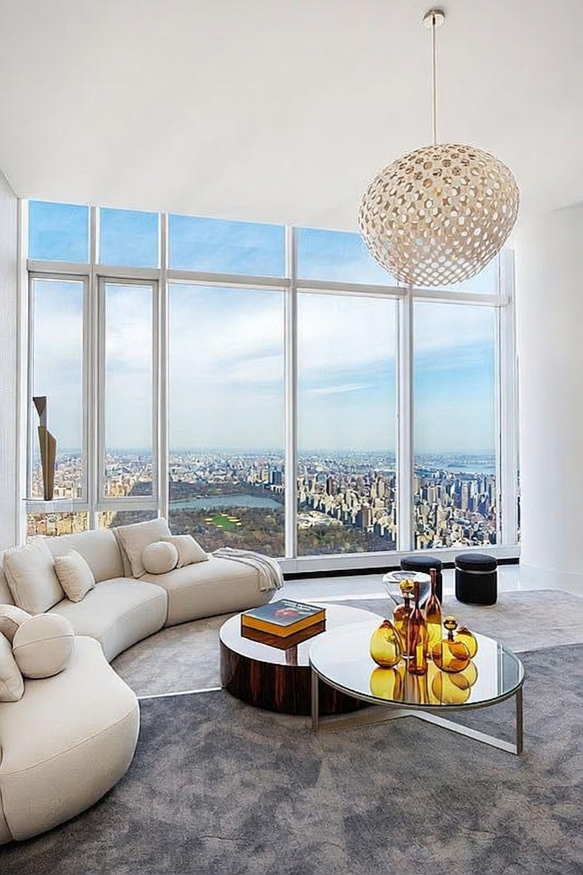 This sophisticated living room features a curved, cream-colored sectional sofa arranged around a circular, two-tiered coffee table topped with amber-toned glass decorative pieces. The space is defined by expansive floor-to-ceiling windows that provide a breathtaking, panoramic view of a city skyline and a large urban park. A unique, textured spherical pendant light hangs above the seating area, adding a modern sculptural element to the bright, airy room.