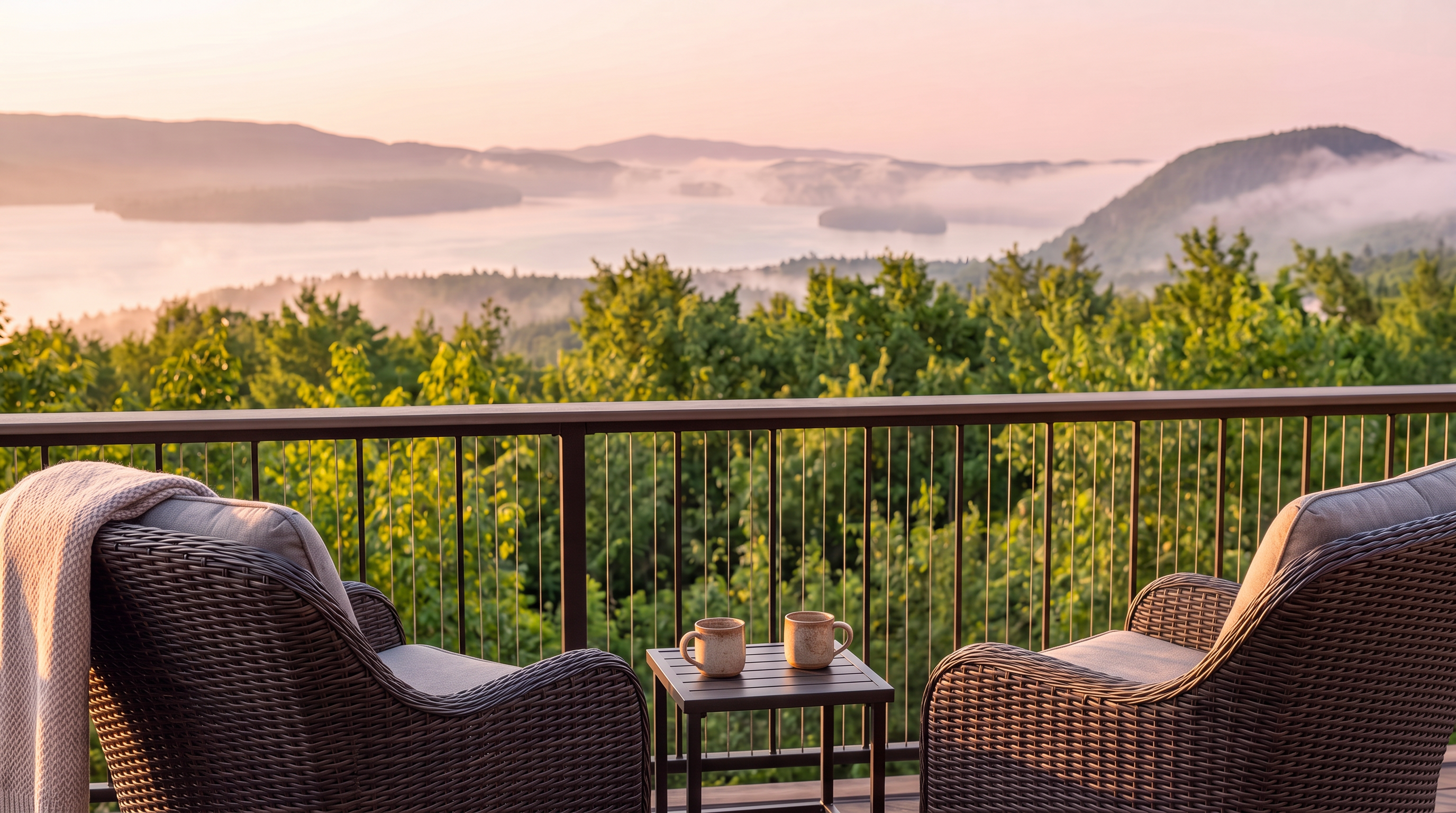 This balcony offers a serene, elevated view overlooking a mist-covered lake surrounded by lush forest at sunrise. The space is comfortably furnished with two wicker lounge chairs and a small matching side table, creating an inviting spot for morning relaxation. The tasteful design and breathtaking natural backdrop make it a standout outdoor feature for this property.