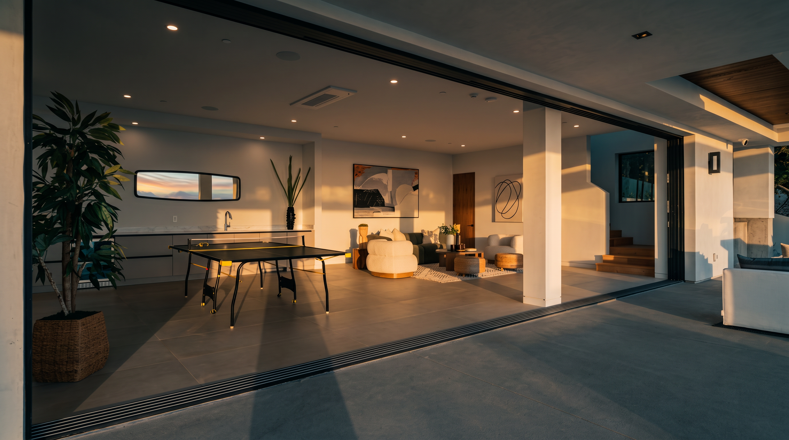 This expansive, open-concept living area seamlessly transitions to an outdoor patio through massive floor-to-ceiling sliding glass doors. The interior features a neutral color palette, a ping pong table, and a comfortable seating arrangement with modern, rounded furniture. The space is bright and airy, highlighted by recessed lighting and a clean, minimalist aesthetic that emphasizes indoor-outdoor living.