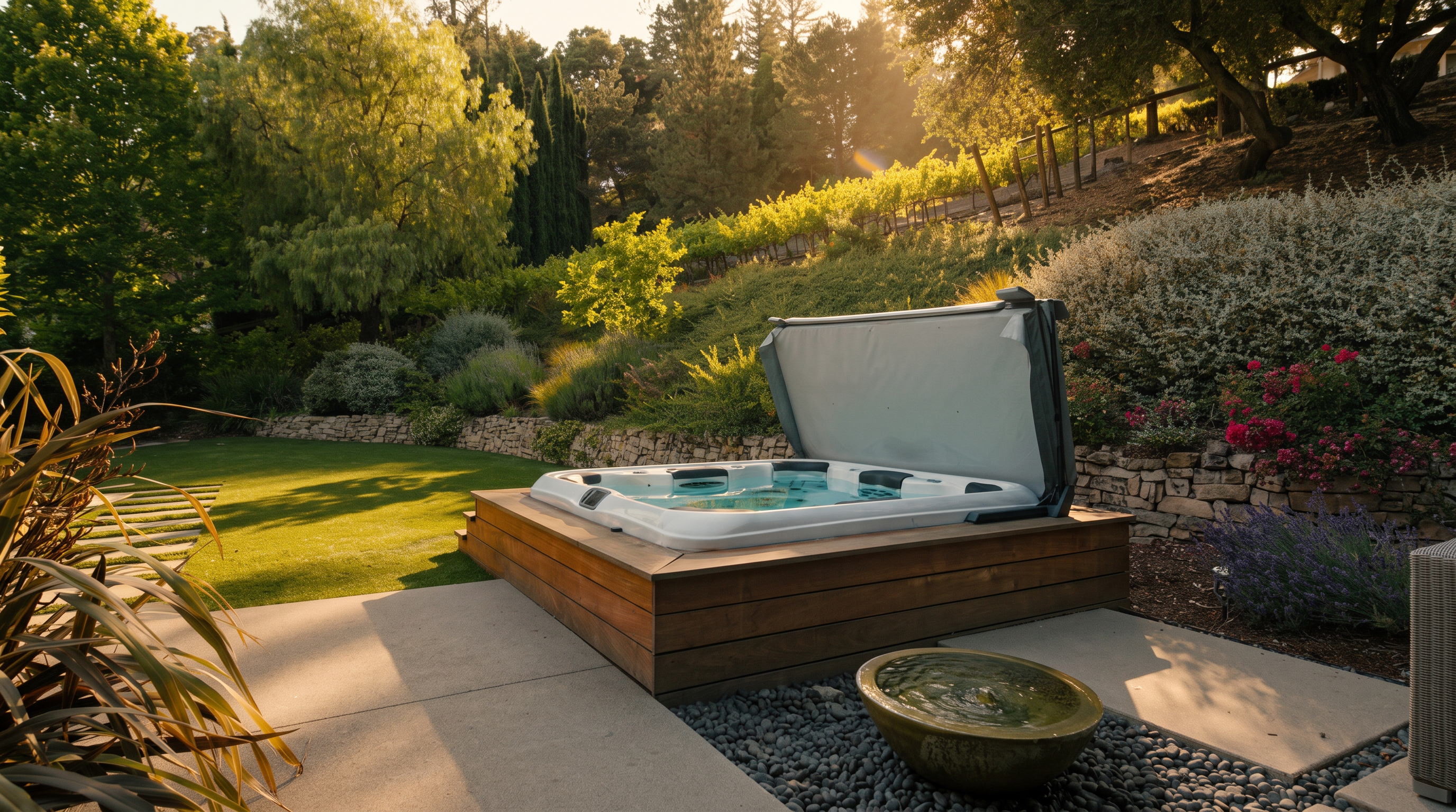 This backyard scene features a modern hot tub set into a custom wood-paneled platform on a concrete patio. A stone-lined water feature sits in a bed of river rocks in the foreground, while a lush green lawn and terraced hillside with vineyard plantings provide a serene backdrop. The space is framed by mature trees and vibrant landscaping, creating a private and tranquil outdoor retreat.
