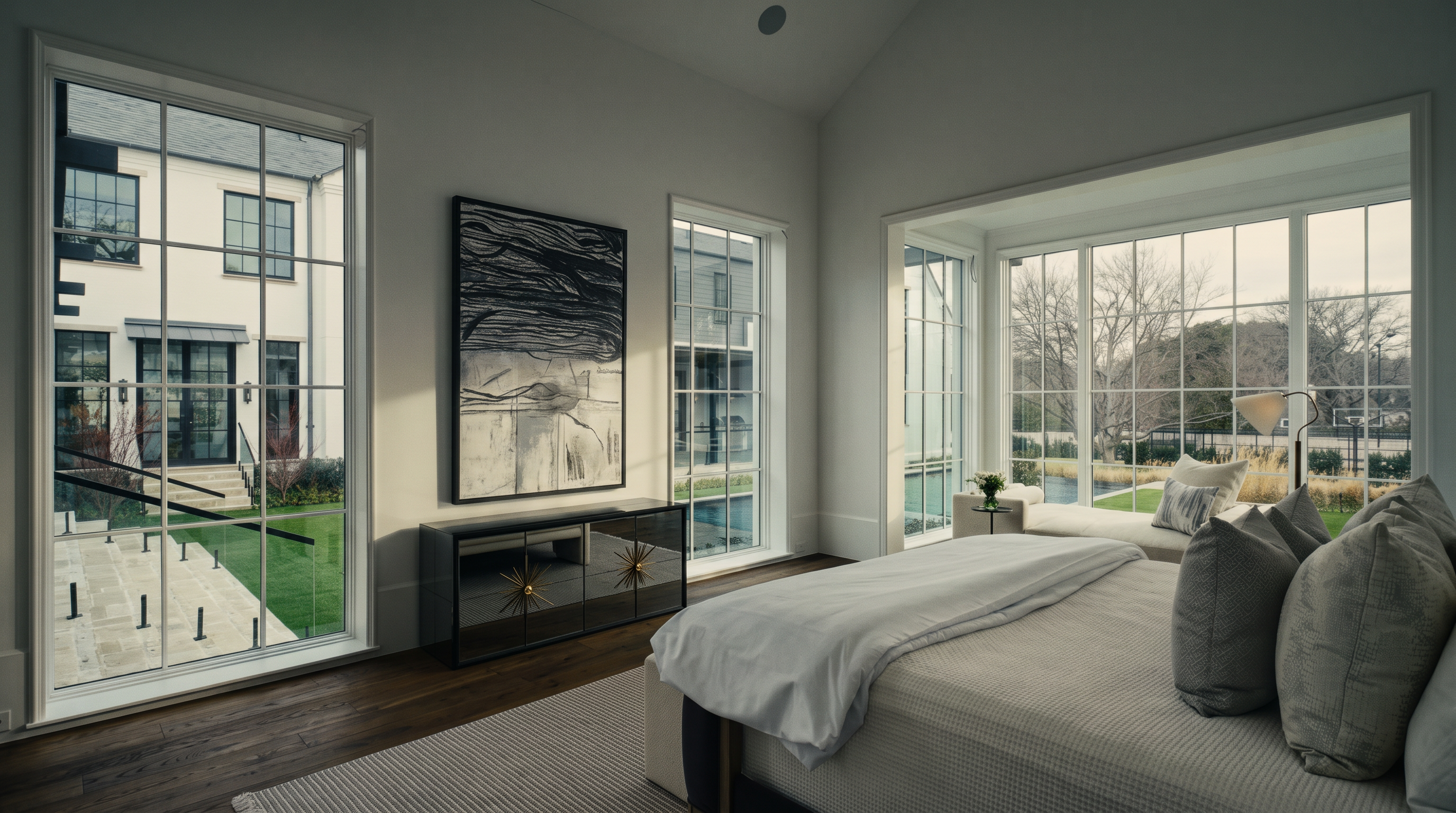 This bright and airy primary bedroom features a vaulted ceiling and expansive windows that provide abundant natural light and views of the landscaped grounds. The room is furnished with a plush bed, a textured area rug, and a sleek, mirrored sideboard topped with abstract wall art. The neutral color palette and clean lines create a sophisticated, tranquil atmosphere suitable for a luxury residence.