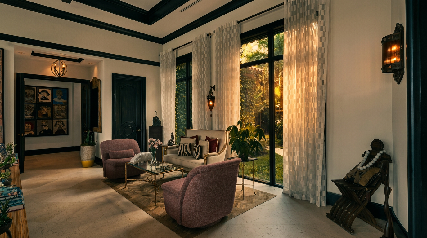 This elegant living room features a sophisticated blend of dark wood trim and white walls, anchored by a patterned area rug over light stone flooring. The space is furnished with two plush pink armchairs and a cream-colored sofa, complemented by a glass-topped coffee table and tall windows that provide a view of the lush greenery outside. A unique wooden folding chair sits to the right, while a gallery wall of framed art adds a personal touch to the adjacent hallway entrance.