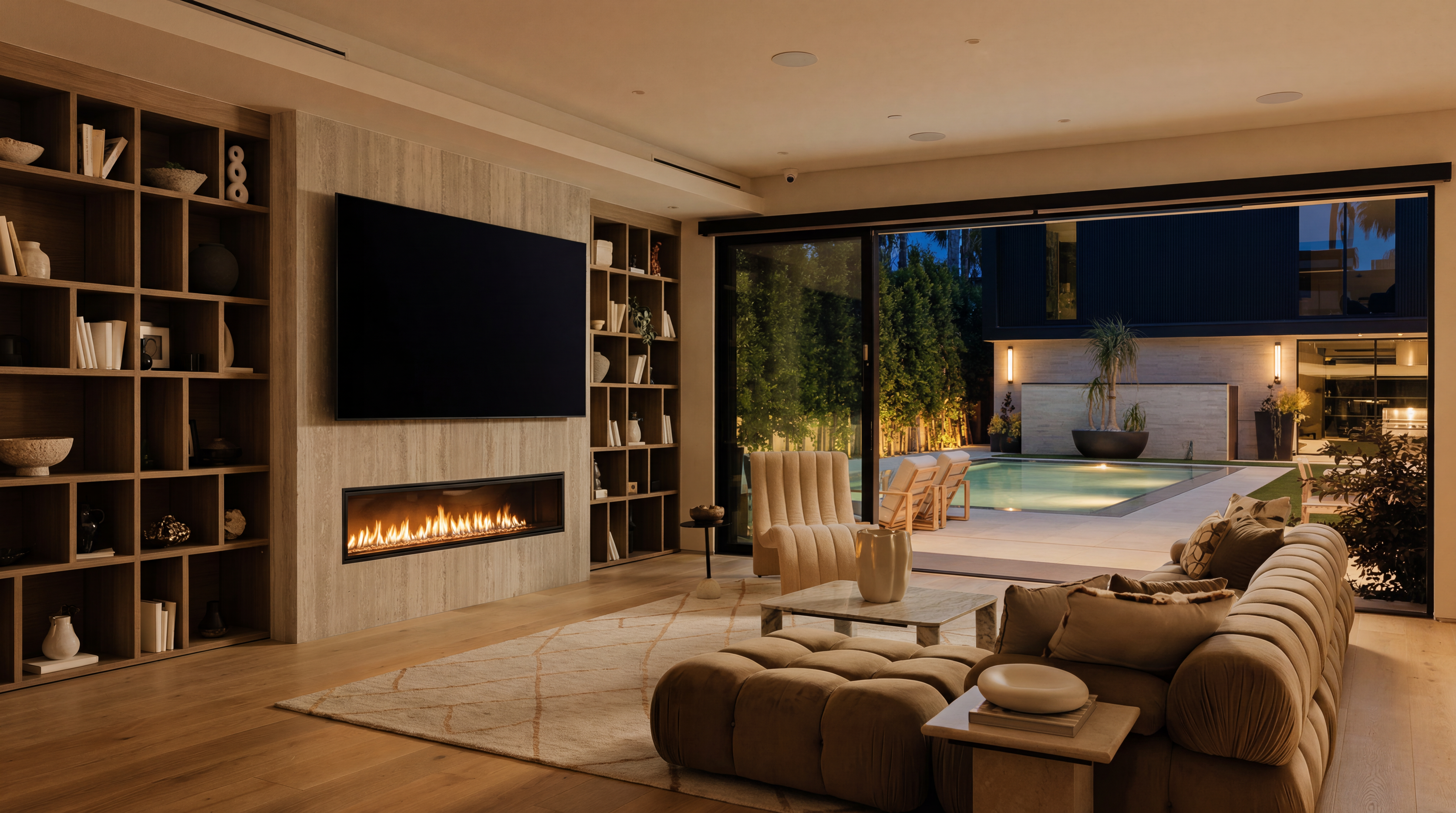 This elegant and spacious living room features a warm, neutral color palette with a prominent built-in media wall highlighted by a linear gas fireplace and integrated shelving. Large glass sliding doors seamlessly connect the indoors to an inviting outdoor pool and patio area, creating an ideal space for entertaining. The modern architecture and plush furnishings contribute to a luxurious, high-end residential atmosphere.