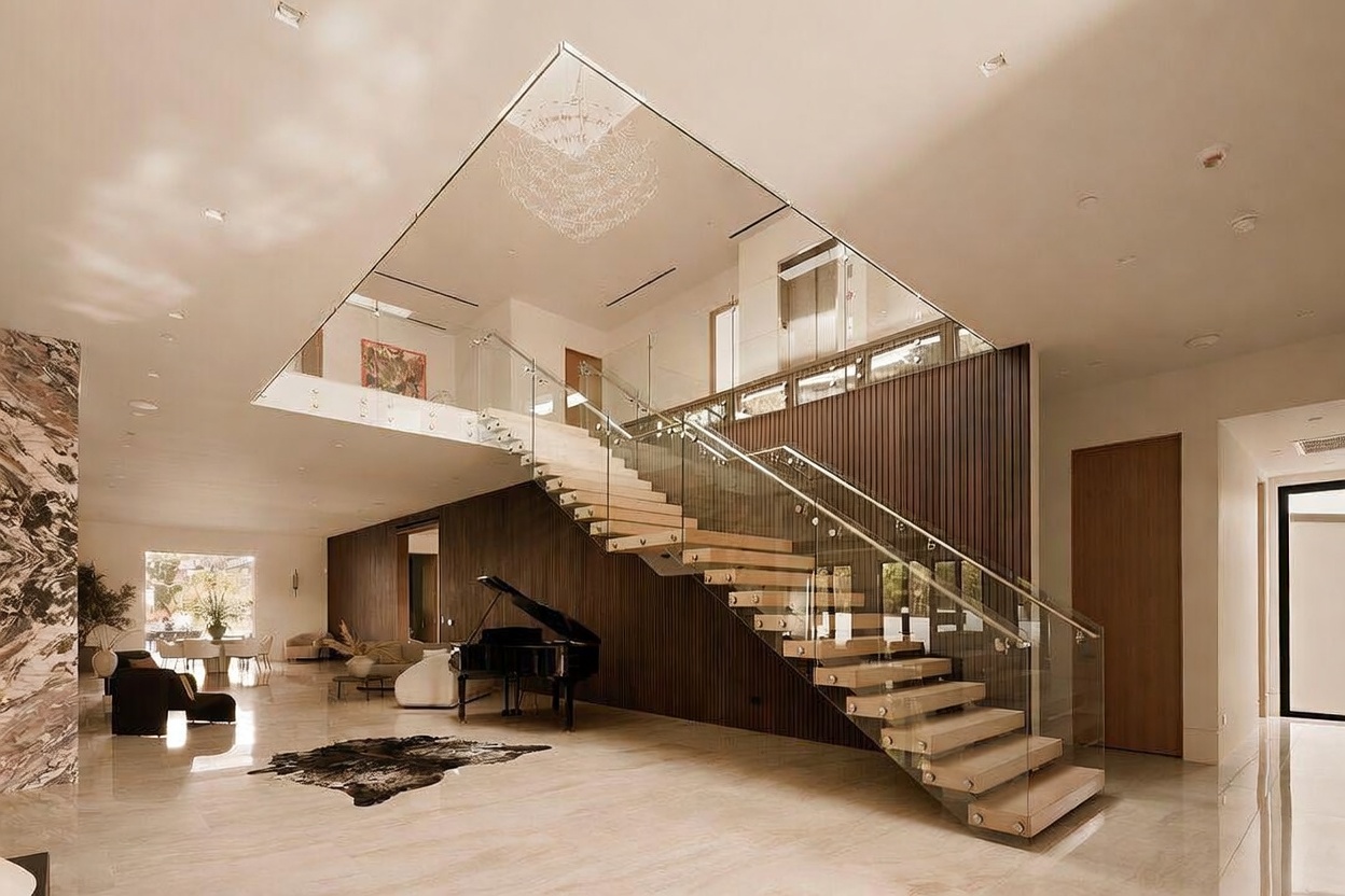 This grand, open-concept foyer features a striking floating staircase with light wood treads and a glass railing that serves as the central architectural focal point. The space is finished with polished stone flooring, dark wood-paneled walls, and a grand piano positioned beneath the stairs. A large, modern crystal chandelier hangs from the ceiling, casting intricate light patterns across the expansive, minimalist interior.