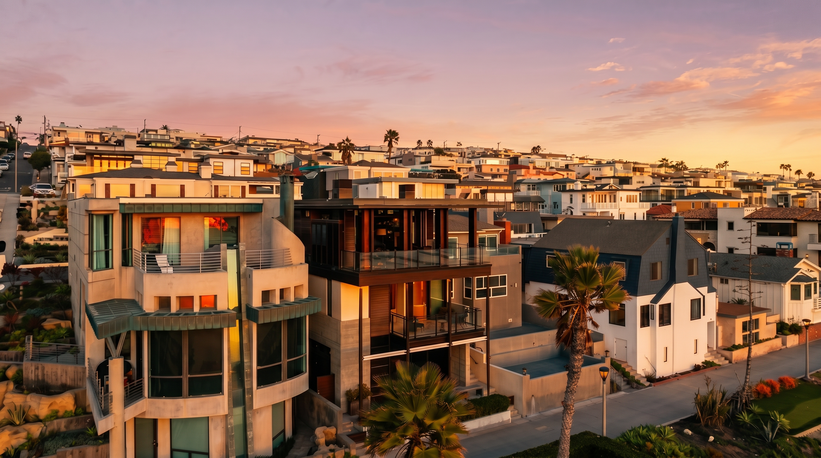 This elevated perspective captures a coastal neighborhood featuring a prominent modern multi-story residence with a dark wood-accented facade and glass railings. The home is situated along a paved walkway near the beach, surrounded by a dense collection of hillside properties under a soft, twilight sky. The composition highlights the architectural contrast between the contemporary home and the surrounding residential landscape.