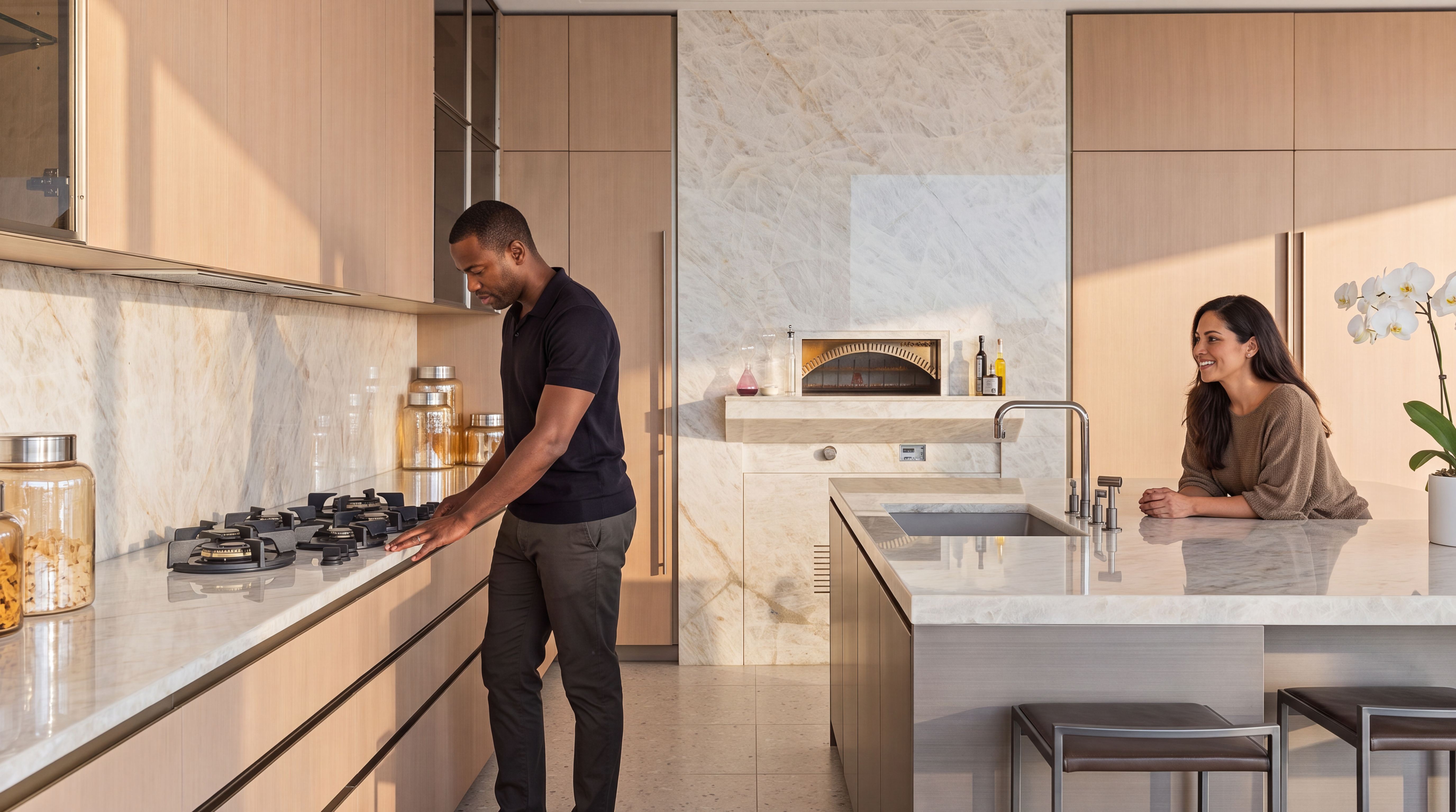 This sophisticated, high-end kitchen features sleek light wood cabinetry, white marble countertops with matching backsplash, and a built-in pizza oven. A spacious center island includes a sink and seating, creating an inviting space for cooking and socializing. The modern, minimalist design is accented by warm lighting and premium finishes, reflecting a luxurious aesthetic.