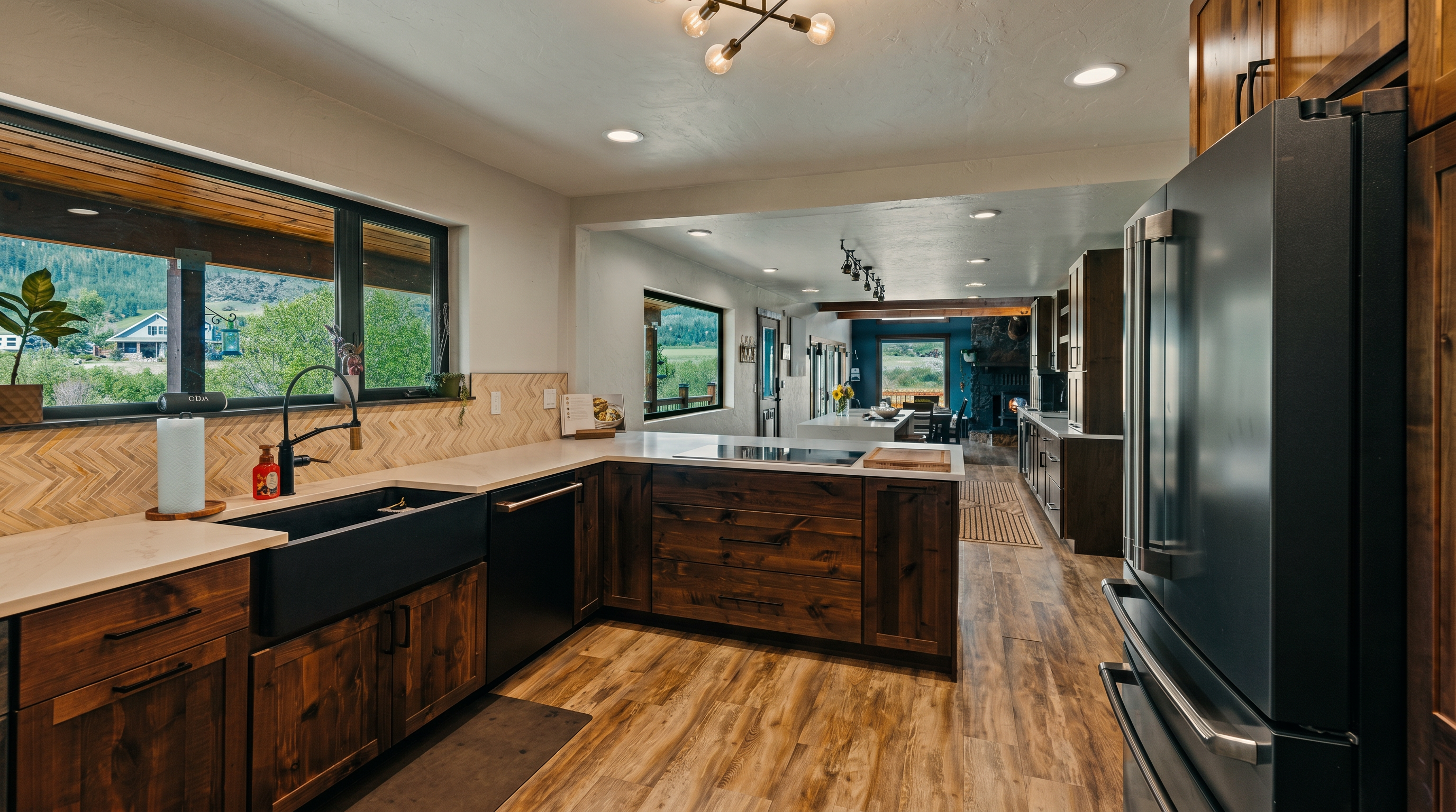 This spacious, open-concept kitchen features rustic wood cabinetry paired with light-toned countertops and a herringbone-patterned backsplash. A large, dark-toned farmhouse sink sits beneath a wide window that provides a view of the surrounding landscape, while a modern multi-bulb light fixture hangs above the central workspace. The kitchen flows seamlessly into an adjacent living area, creating an inviting and cohesive atmosphere suitable for entertaining.