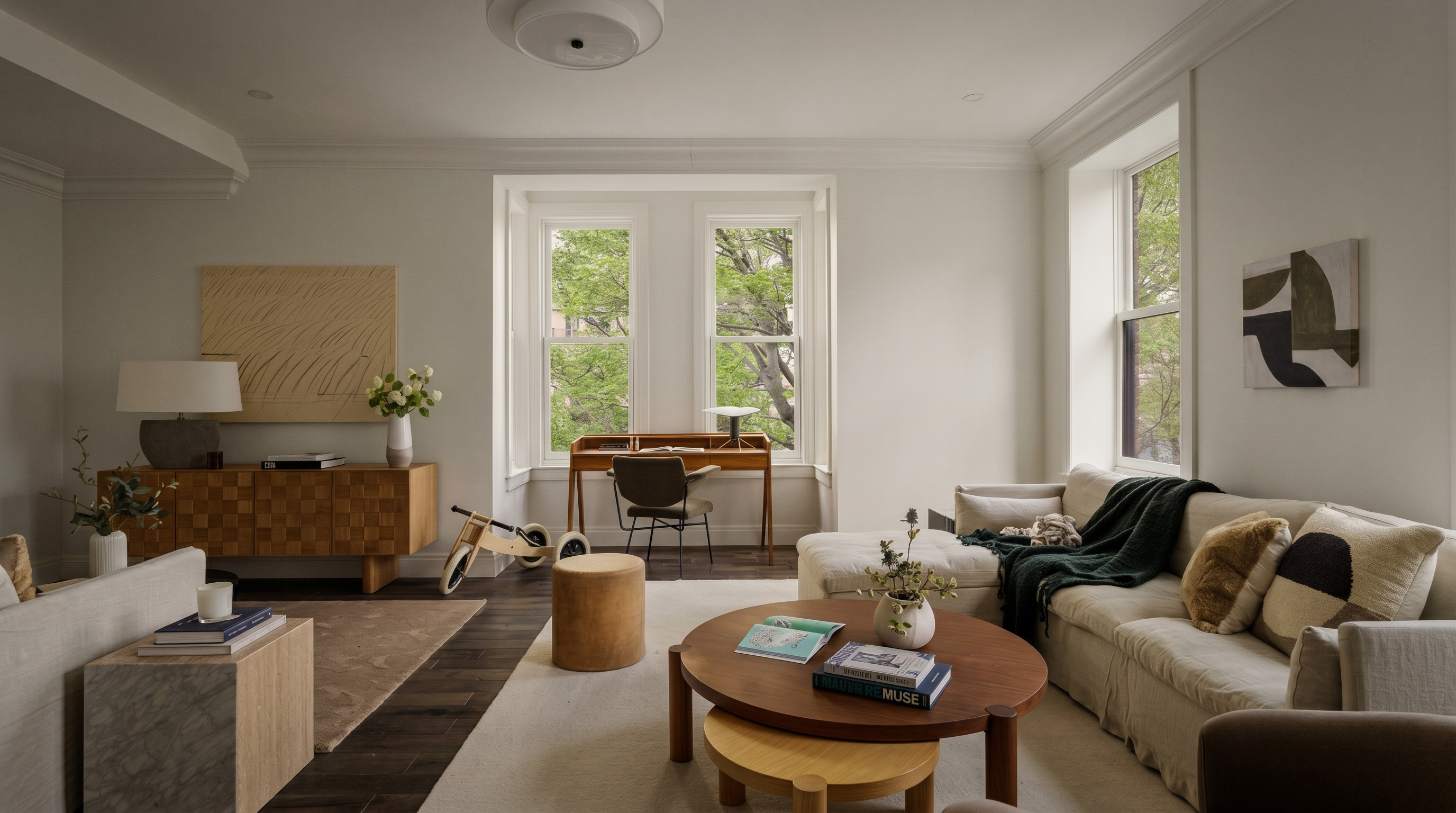 This bright and airy living room features a sophisticated, neutral color palette with warm wood accents and a comfortable, textured sectional sofa. The space is thoughtfully arranged with a central coffee table, a dedicated workspace by the window, and a stylish sideboard, creating a harmonious blend of functionality and modern design. Large windows allow for ample natural light, highlighting the clean lines and inviting atmosphere of this well-appointed home.