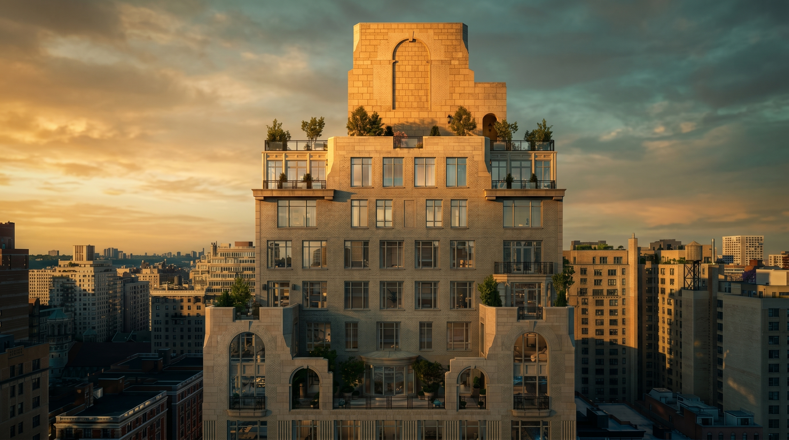 This image presents a high-angle, eye-level perspective of a sophisticated, multi-story luxury apartment building featuring a classic limestone-inspired facade. The architecture incorporates tiered setbacks, arched window detailing, and multiple landscaped terraces with lush greenery, creating a sense of urban elegance. The composition captures the building's symmetrical design against a clear blue sky, highlighting its prominent position within a dense city skyline.