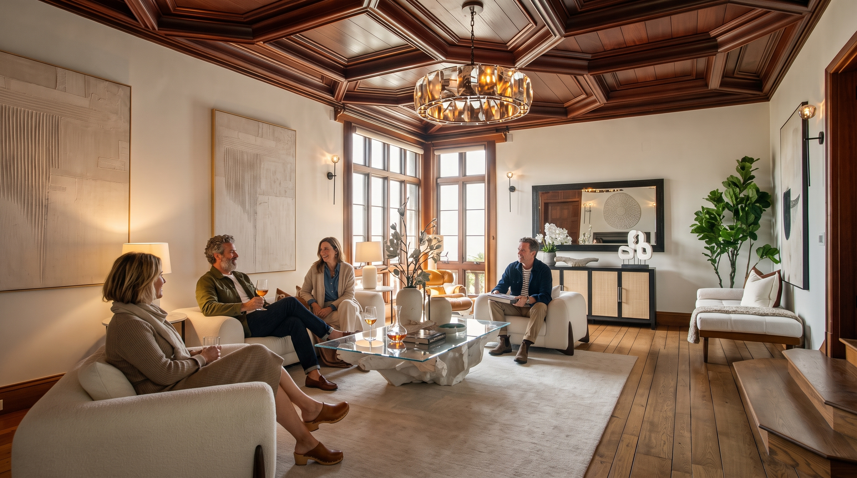 This elegant living room features a striking coffered wood ceiling and warm wood flooring, creating a sophisticated and inviting atmosphere. The space is furnished with plush, light-toned seating, a unique sculptural coffee table, and large windows that flood the room with natural light. Two large, textured abstract artworks anchor the wall, while a console table with a mirror adds a refined touch to the overall design.