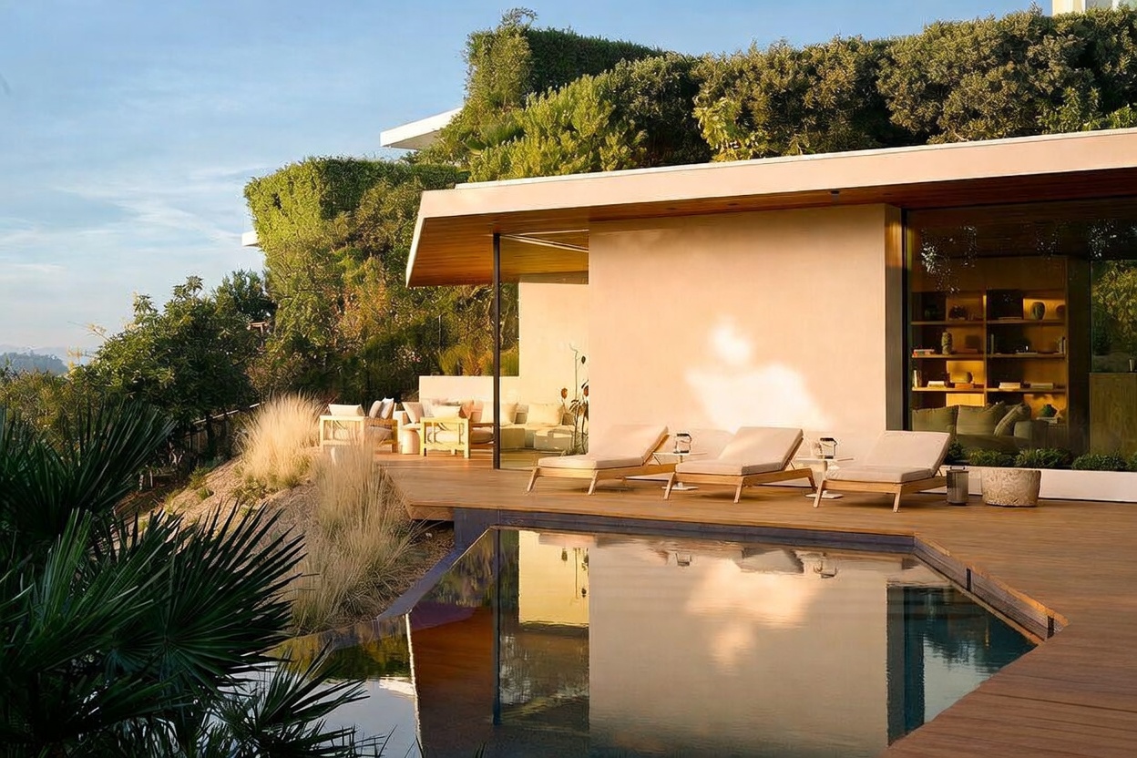 This stunning modern architectural home features a seamless indoor-outdoor transition with a spacious wooden deck overlooking a serene infinity-edge pool. The exterior showcases clean lines, warm ambient lighting, and minimalist lounge furniture, all set against a backdrop of lush hillside greenery. The perspective captures the tranquil atmosphere of a luxury retreat at sunset, emphasizing the sophisticated design and integration with the natural landscape.