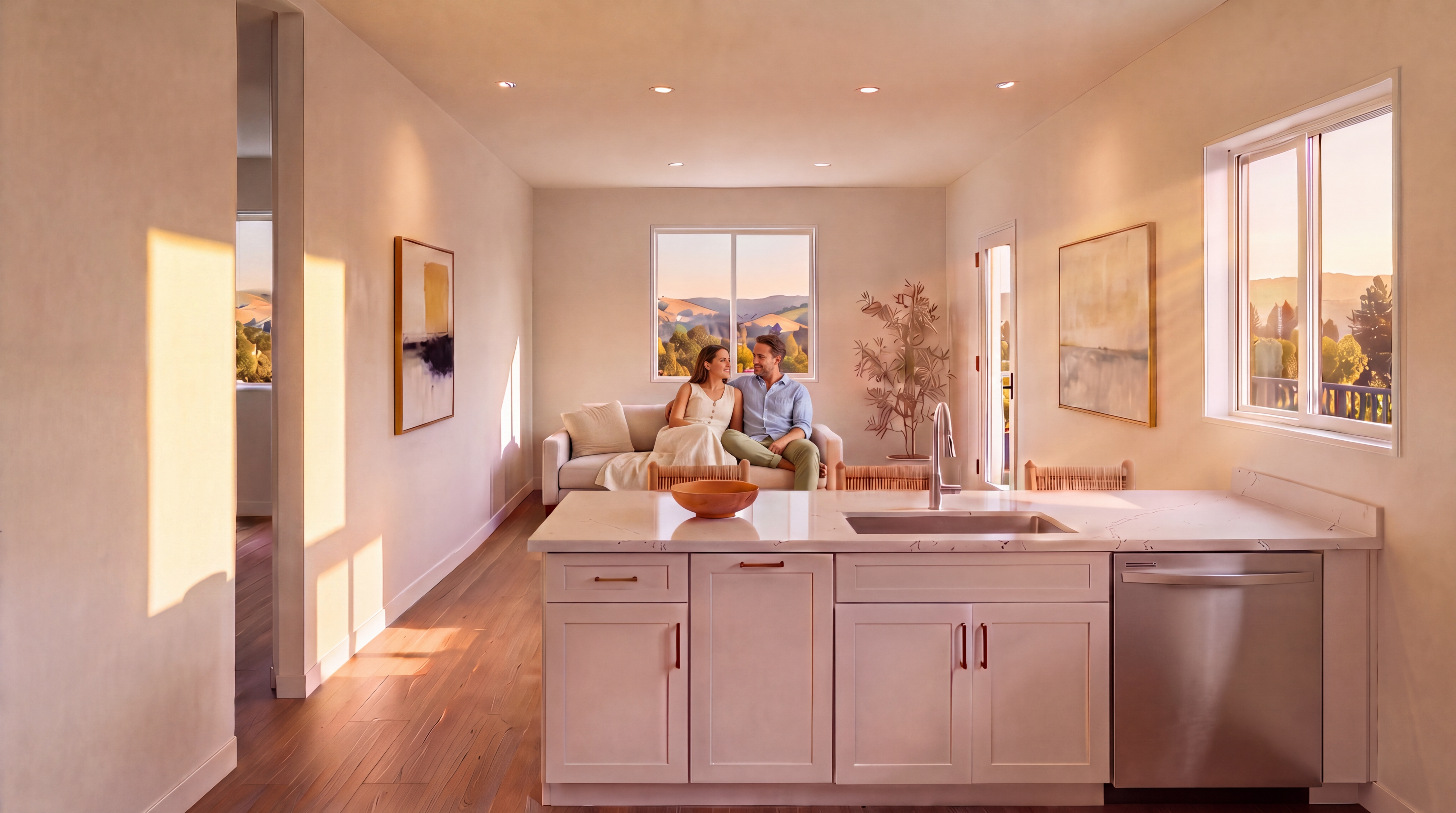 This bright, open-concept kitchen features a large white island with a marble-look countertop and a modern undermount sink, seamlessly transitioning into a living area. The room is filled with natural light, highlighting the light-toned wood flooring, neutral walls, and contemporary decor. A clear view of the scenic hills is provided through a large window, creating a serene and airy atmosphere.