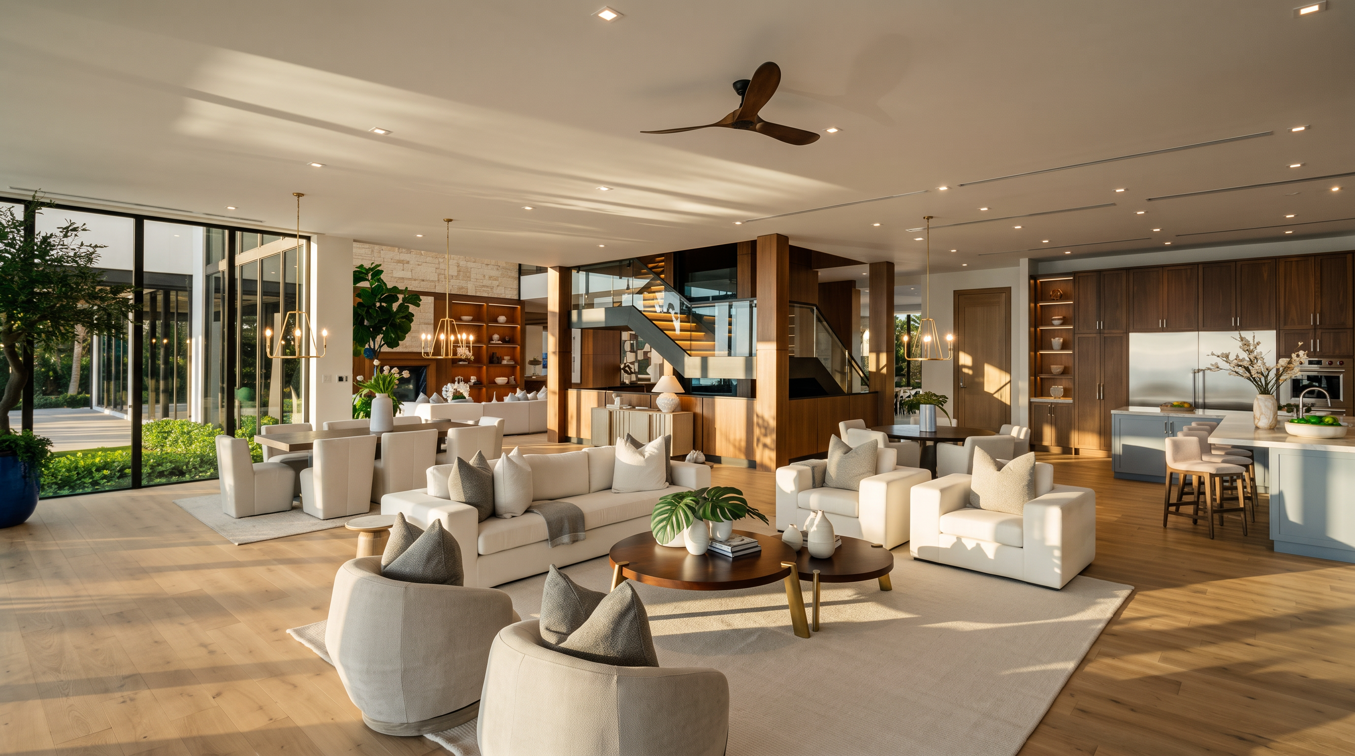 This expansive, open-concept living area features light wood flooring and a neutral color palette, creating a bright and airy atmosphere. The space includes a comfortable seating arrangement with a large sofa and armchairs centered around circular coffee tables, while a dining area and kitchen are visible in the background. Large windows provide a seamless connection to the outdoor space, and a central staircase with glass railings serves as a striking architectural focal point.