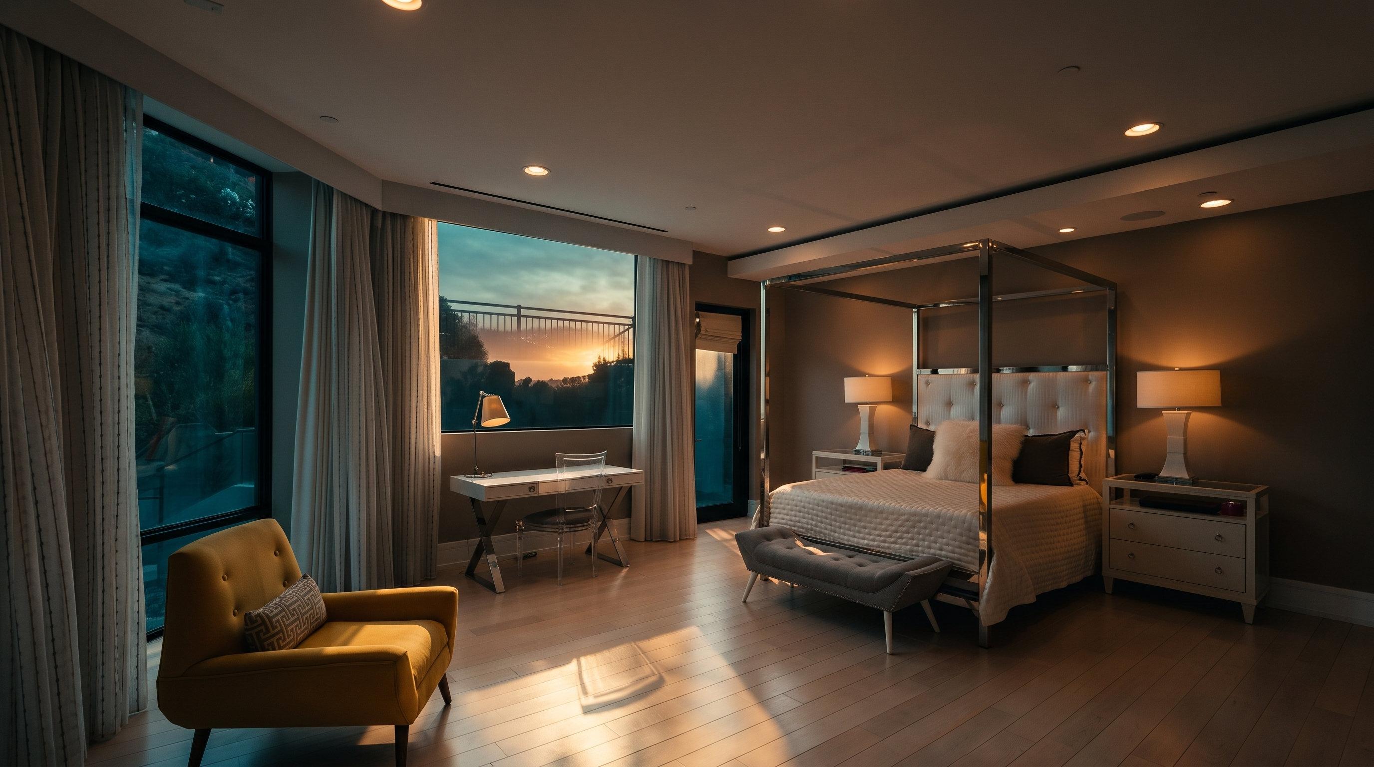 This spacious primary bedroom features light wood flooring and a prominent four-poster metal bed frame as the central focal point. To the left, a sleek desk area is positioned in front of large windows that offer a view of the outdoor landscape, while a vibrant yellow armchair provides a comfortable seating area in the foreground. The room is finished with neutral wall tones and recessed lighting, creating a bright and airy atmosphere.