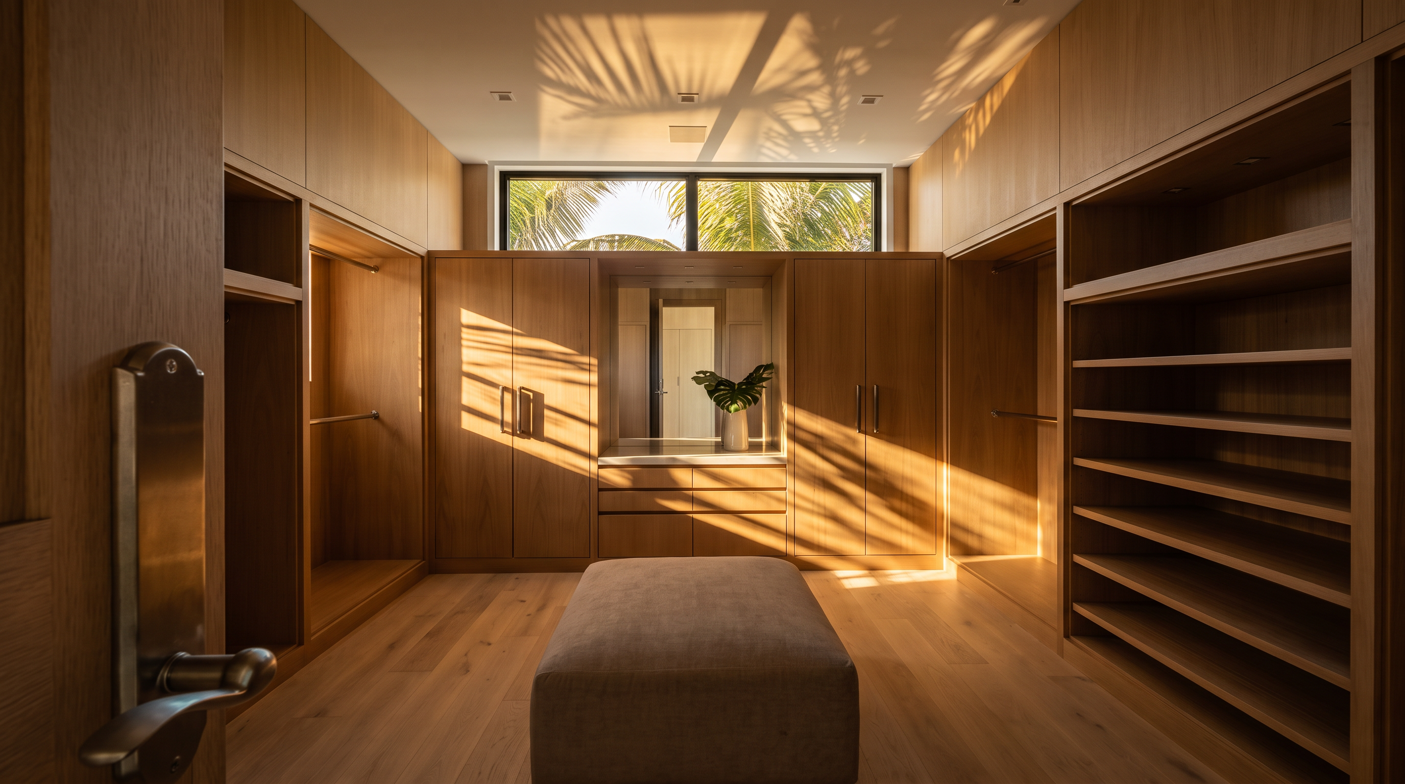 This spacious walk-in closet features extensive light wood cabinetry with a mix of hanging rods, open shelving, and a central vanity area with a mirror. A neutral-toned upholstered ottoman sits in the center of the room, which is illuminated by recessed ceiling lights and a high horizontal window that brings in natural light. The clean, minimalist design and warm wood tones create a sophisticated and organized atmosphere.