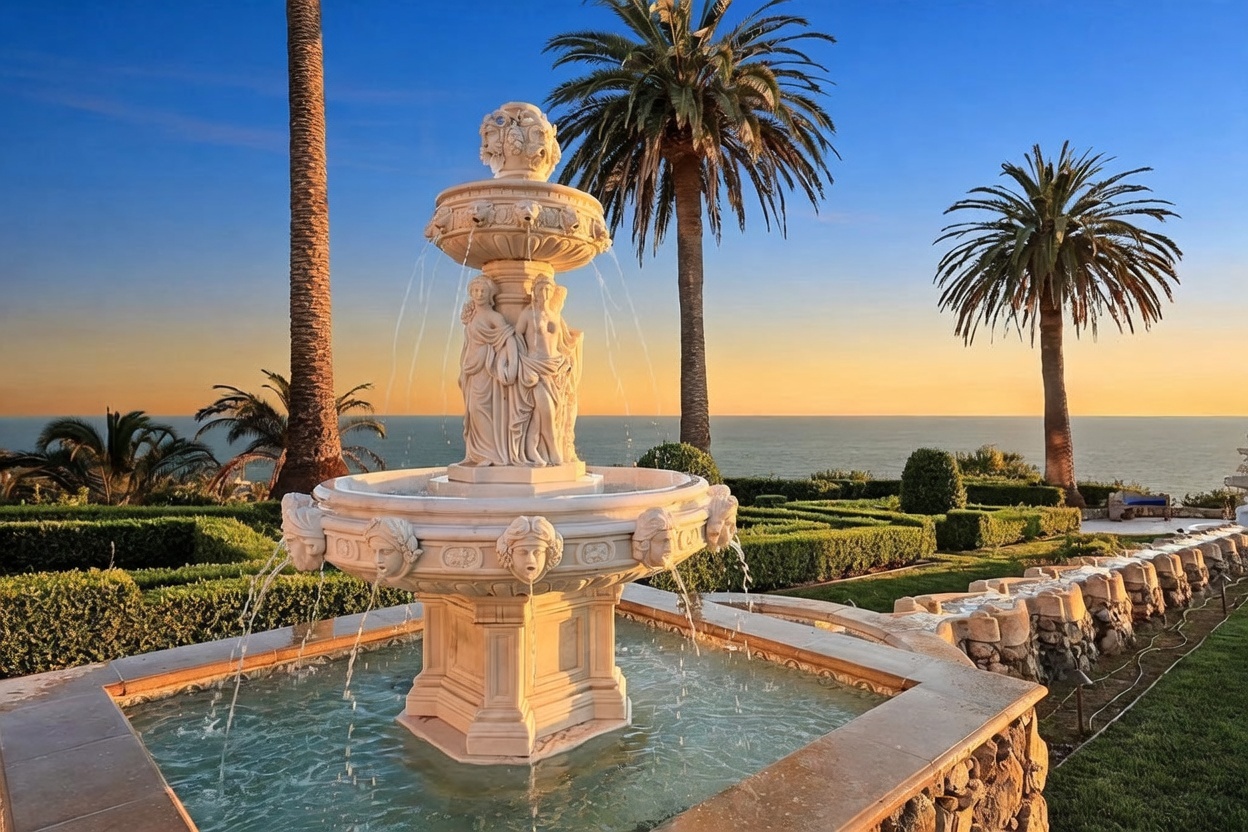 This stunning outdoor space features a grand, multi-tiered stone fountain as the centerpiece, surrounded by meticulously manicured hedges and lush landscaping. The scene is set against a breathtaking panoramic view of the ocean at sunset, with tall palm trees framing the horizon. The perspective is a low-angle shot that emphasizes the elegance of the fountain and the expansive, serene coastal atmosphere.