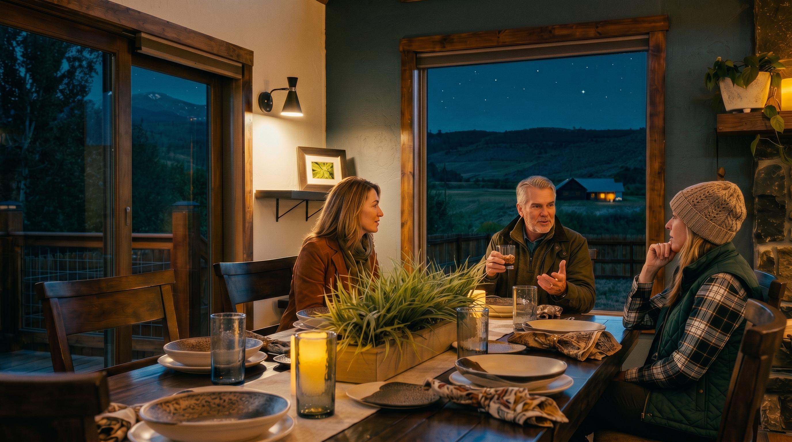 This dining room features a rustic wooden table set for a meal, positioned to take full advantage of the expansive views through large windows. The room is framed by dark-toned walls and warm wood trim, creating a cozy atmosphere that contrasts with the bright, scenic landscape of rolling hills and a distant cabin visible outside. A central planter with greenery adds a touch of nature to the interior, while the overall aesthetic blends rustic charm with a comfortable, inviting living space.