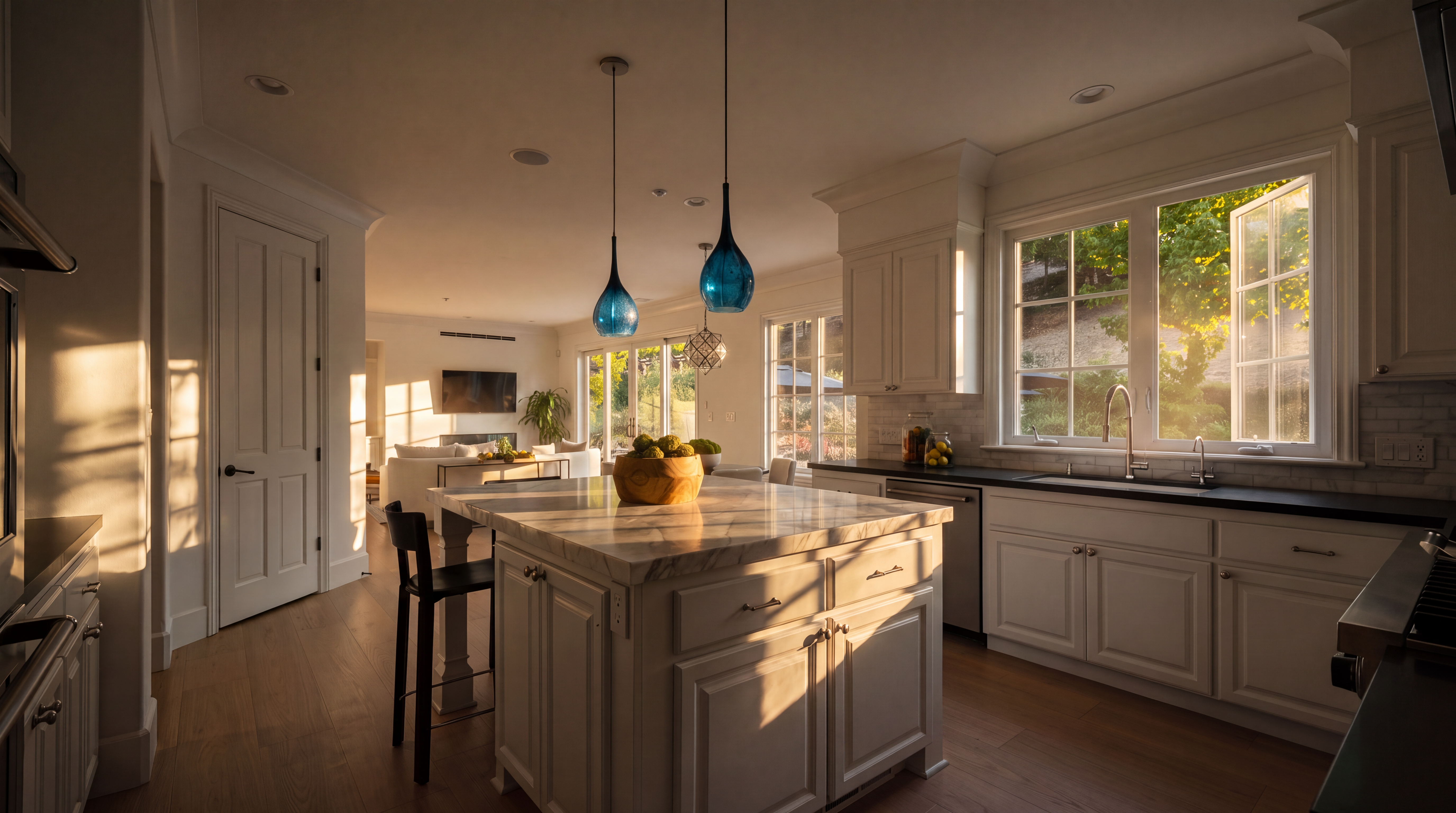 This bright and airy kitchen features white cabinetry, a large central island with a stone countertop, and light wood flooring. Two blue pendant lights hang above the island, while large windows over the sink provide ample natural light and a view of the outdoors. The open-concept design flows seamlessly into an adjacent living area, creating a spacious and inviting atmosphere.