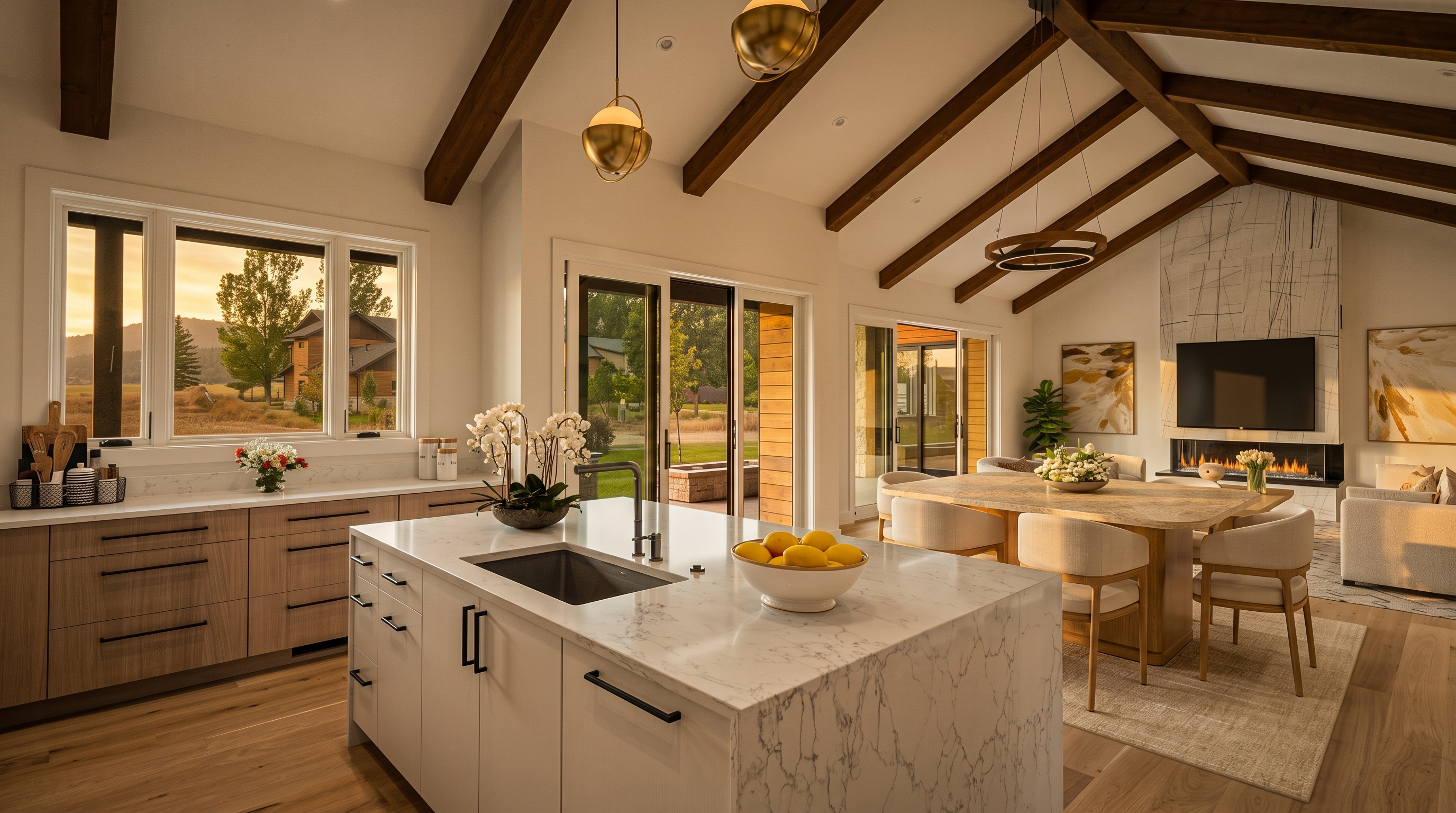 This stunning open-concept kitchen features a large white marble-topped island, light wood cabinetry, and elegant pendant lighting suspended from high, vaulted ceilings with exposed wood beams. The space flows seamlessly into a dining area and living room, illuminated by natural light from large windows and glass doors that overlook the surrounding landscape. The modern, sophisticated design provides a warm and inviting atmosphere perfect for both cooking and entertaining.