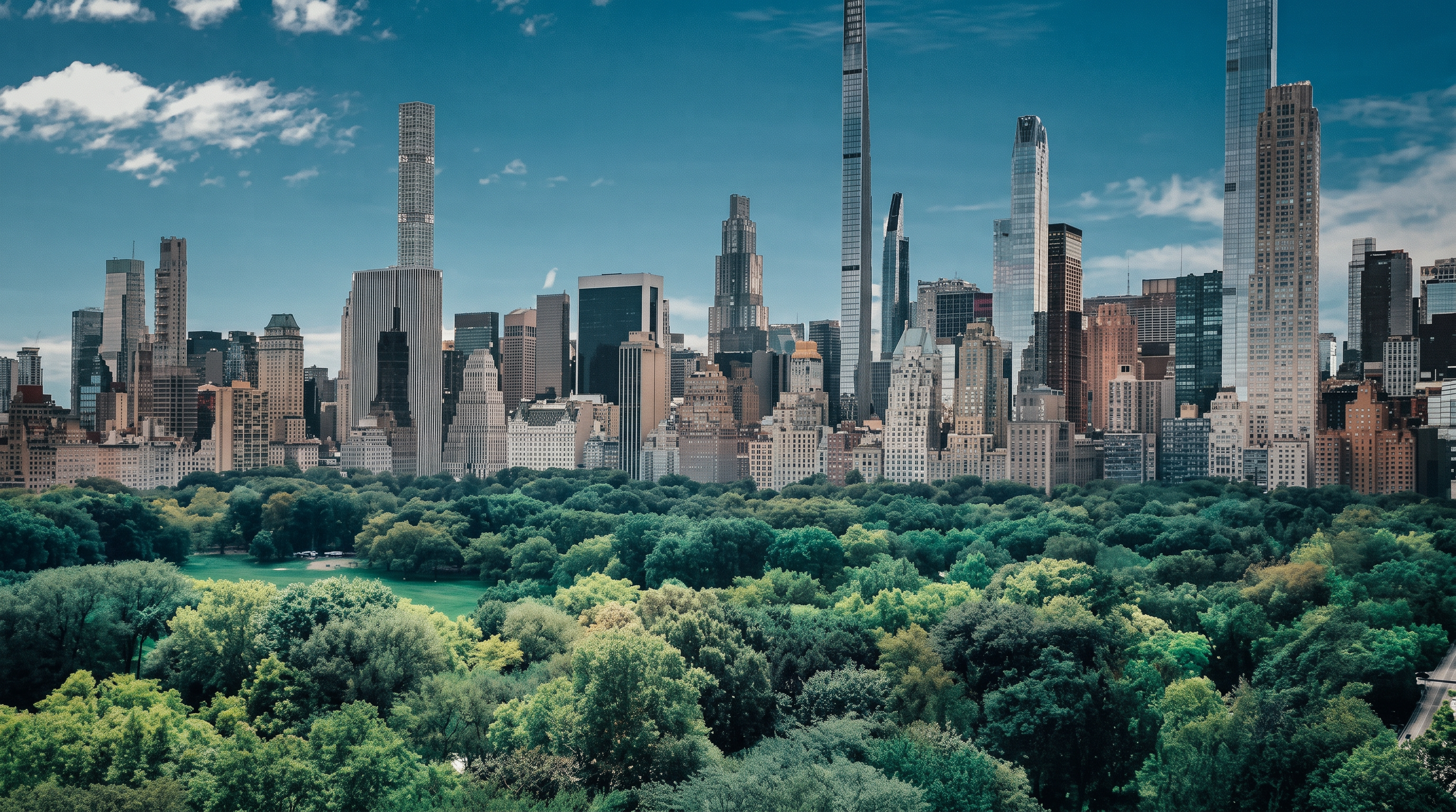 This image captures a breathtaking, elevated view of the New York City skyline from a private balcony. The foreground features an ornate, dark metal railing that frames the expansive vista of lush green trees in Central Park, which transitions into a dense collection of iconic skyscrapers. The perspective is cinematic, emphasizing the contrast between the serene park greenery and the dramatic, towering architecture of the city.