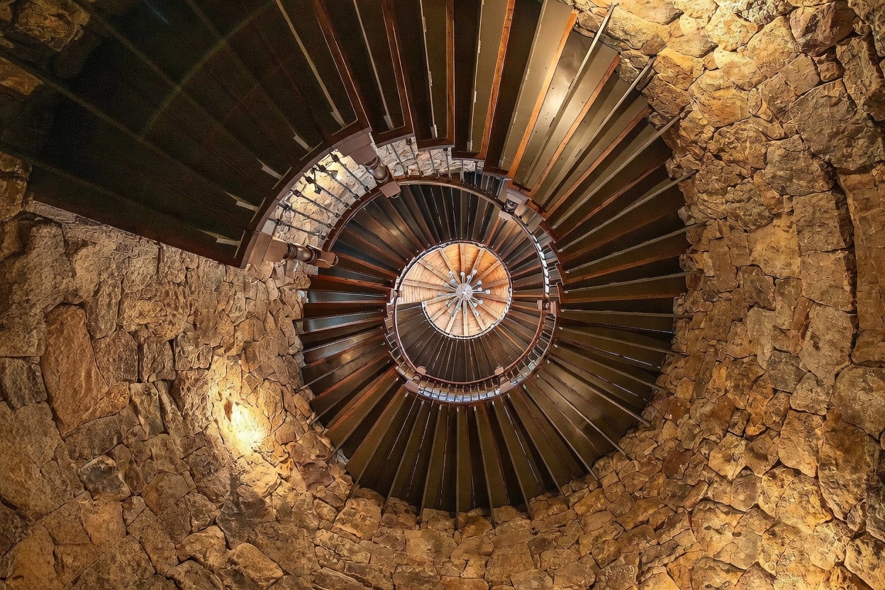 This dramatic, high-angle perspective looks down a spiral staircase, showcasing a striking architectural design. The stairs feature dark wood treads and a matching handrail, enclosed by a circular wall constructed of textured, rustic stone. A central chandelier hangs from the top, creating a focal point that draws the eye through the center of the spiral.