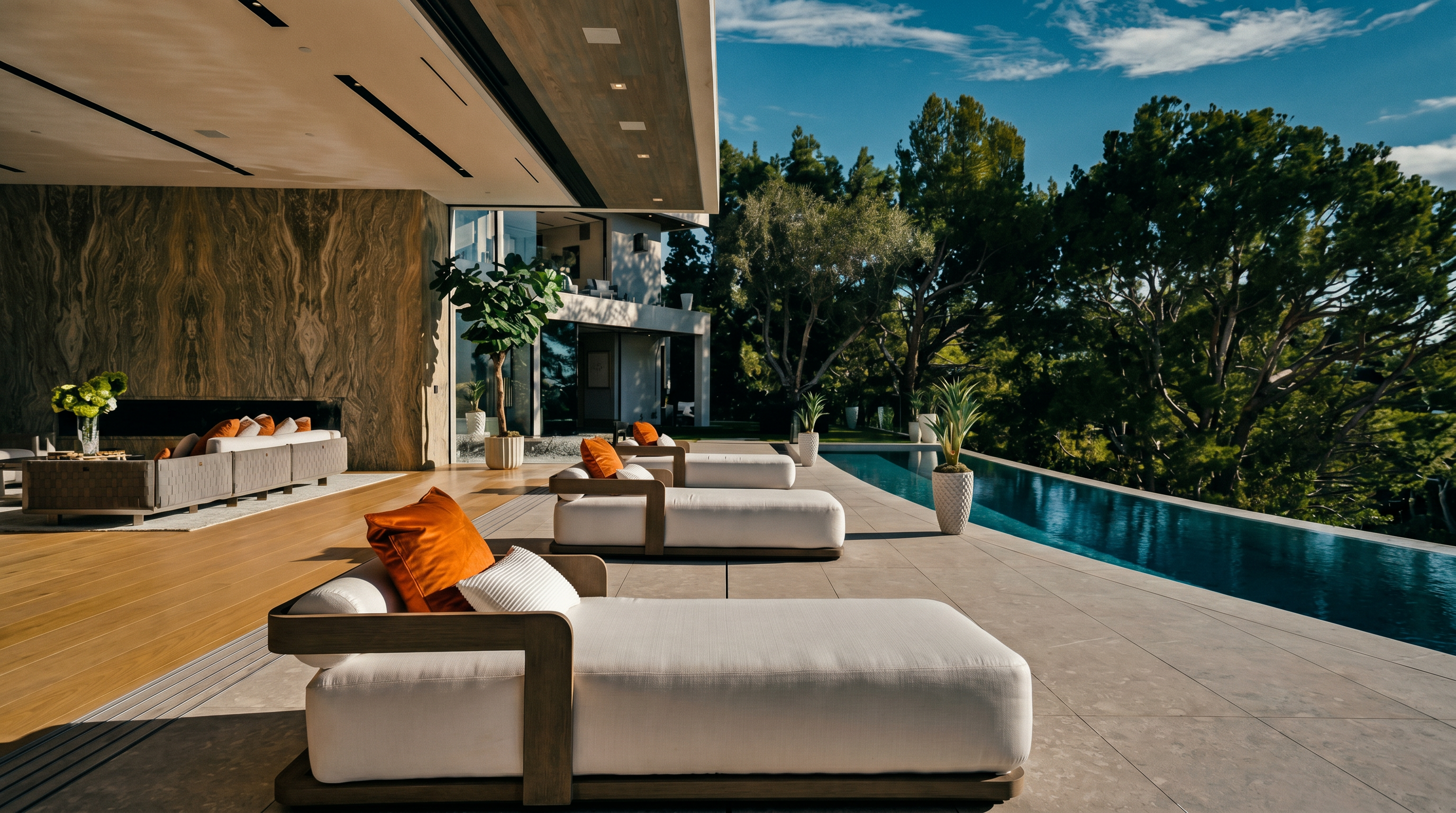 This luxurious outdoor living space features a sleek, modern infinity-edge pool overlooking a lush, tree-filled landscape. The expansive stone patio is furnished with multiple high-end white lounge chairs accented by vibrant orange pillows, creating a seamless transition between the indoor living area and the outdoor deck. The architectural design emphasizes clean lines, natural materials, and a sophisticated, resort-like atmosphere perfect for high-end entertaining.