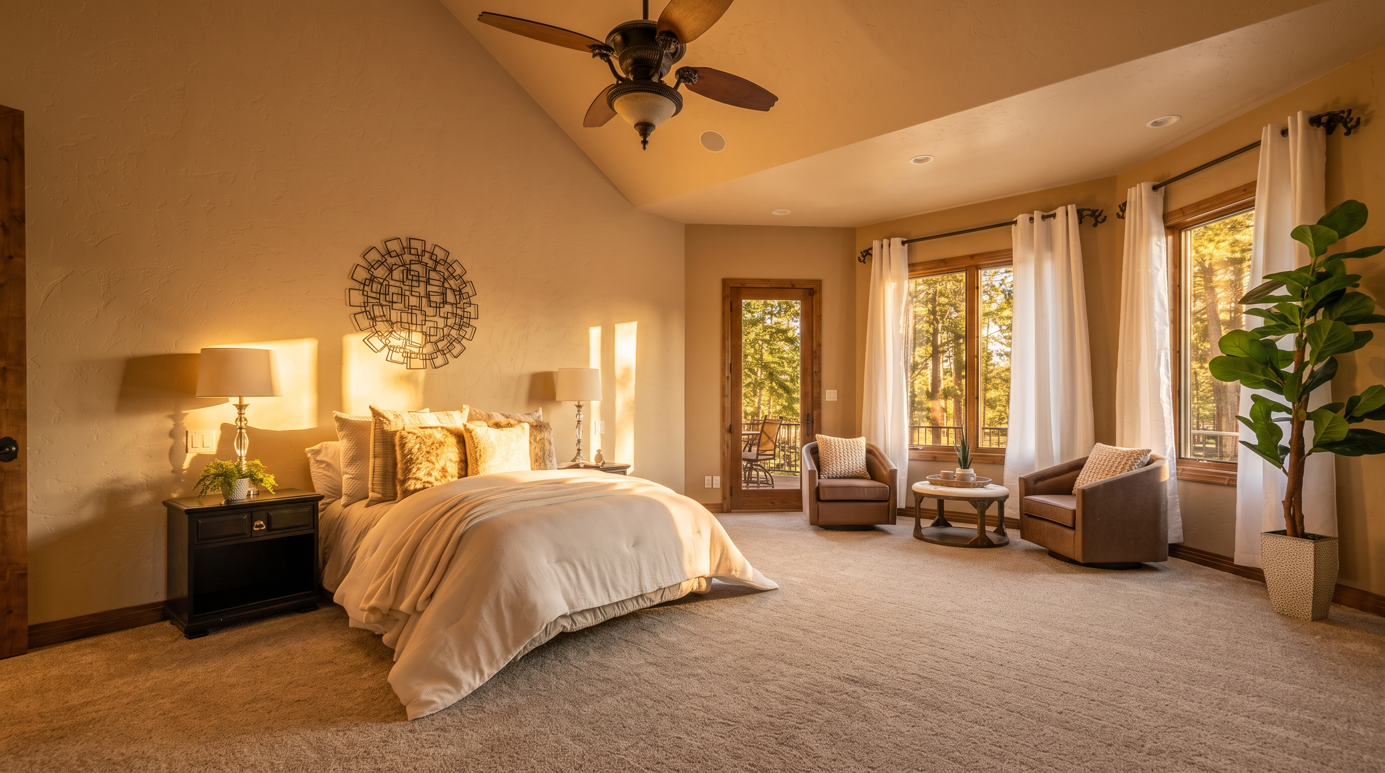 This spacious primary bedroom features a vaulted ceiling with a central wooden ceiling fan and light fixture. The room is anchored by a bed with white bedding and decorative pillows, flanked by two dark wood nightstands with matching lamps. A seating area with two armchairs and a small round table sits near large windows that offer a view of the surrounding trees, while a glass-paned door provides access to an outdoor space.