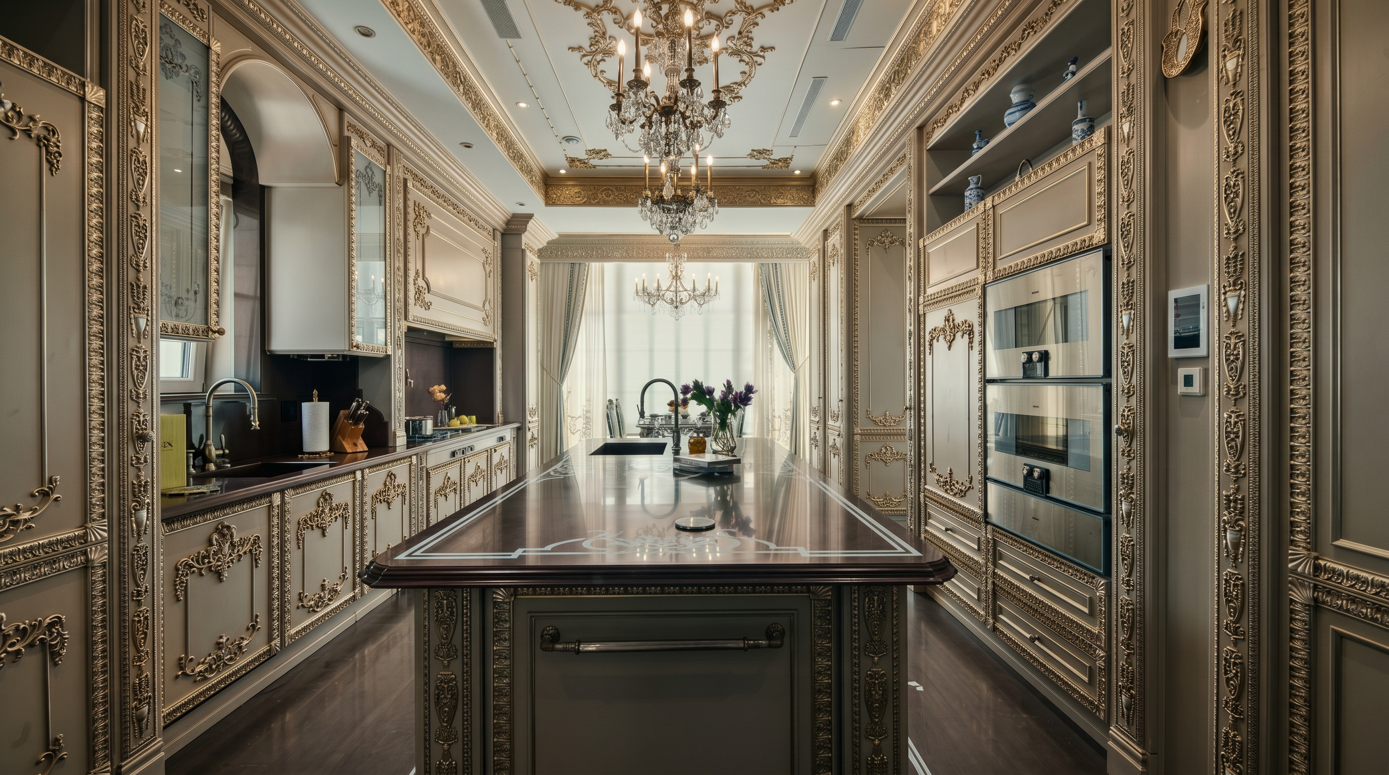 This opulent, high-end kitchen features intricate neoclassical detailing, ornate gold-leaf molding, and a grand crystal chandelier centered above a massive, polished stone-topped island. The space is defined by its symmetrical layout, custom cabinetry with elaborate carvings, and a sophisticated, monochromatic color palette that exudes luxury. The perspective is a centered, eye-level shot that emphasizes the depth and architectural grandeur of the room.