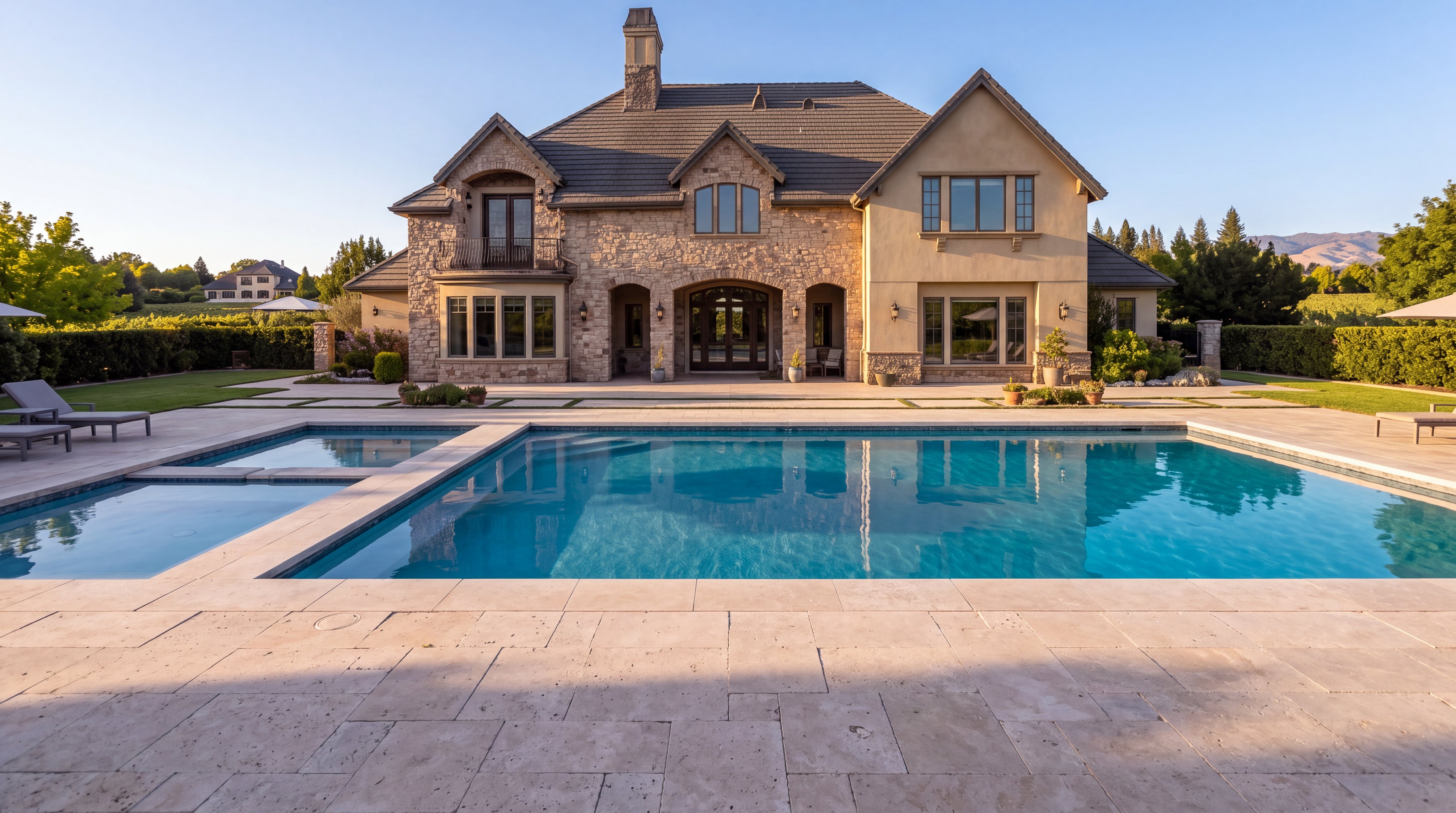 This stunning Mediterranean-inspired estate features an expansive rear view showcasing a luxurious swimming pool with an attached spa. The home is characterized by sophisticated stone masonry, elegant arched doorways, and a prominent balcony, creating a grand outdoor living space perfect for entertainment. The manicured landscape and clear blue skies enhance the property's upscale and serene appeal.