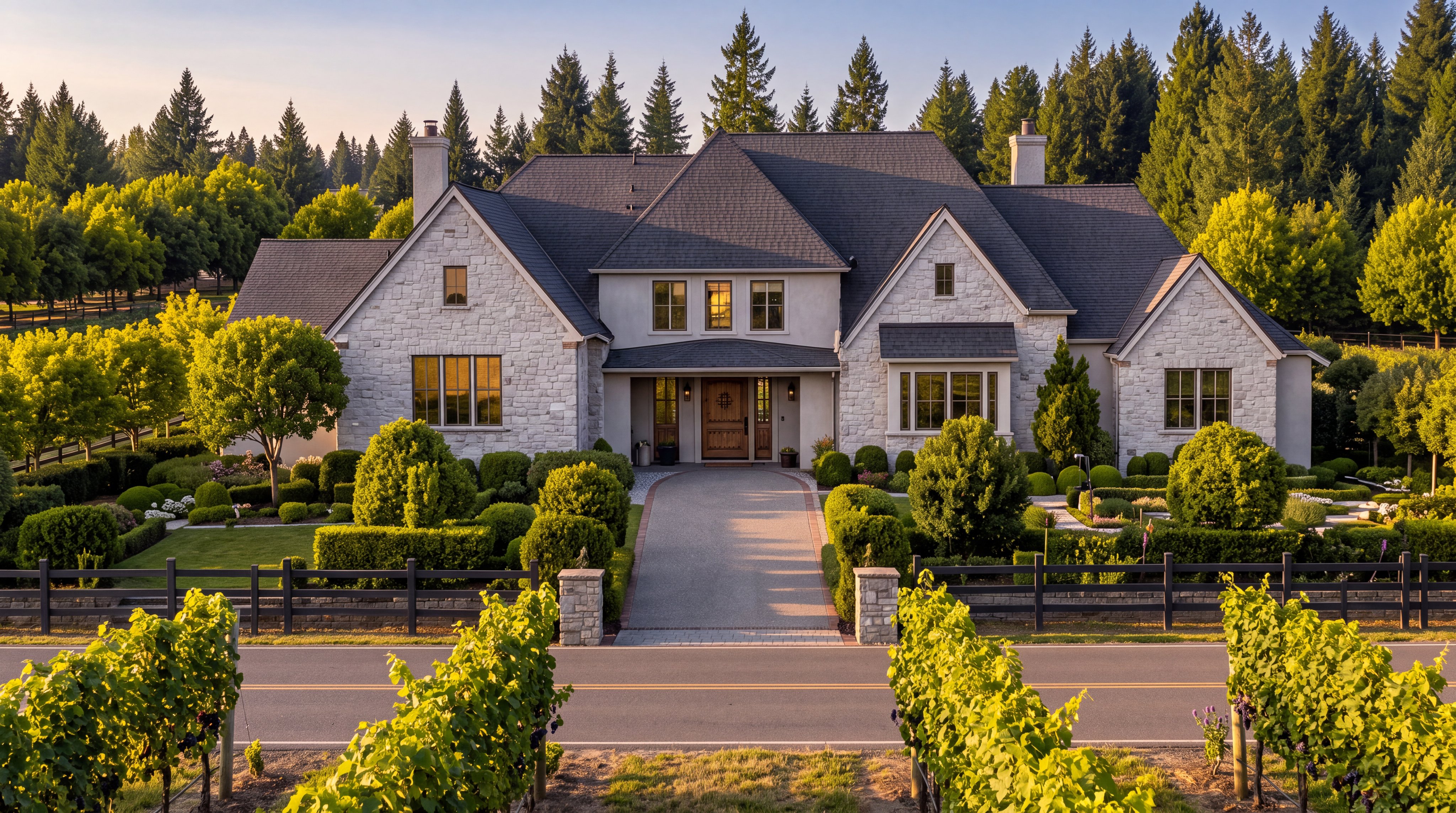 This elegant estate features a sophisticated blend of stone masonry and neutral stucco, framed by a classic dark shingled roof. The grand entryway is accessed via a private paved driveway that cuts through a meticulously landscaped garden, all set against a backdrop of dense evergreen trees. The foreground includes a charming vineyard and a black fence, enhancing the property's serene and upscale countryside appeal.